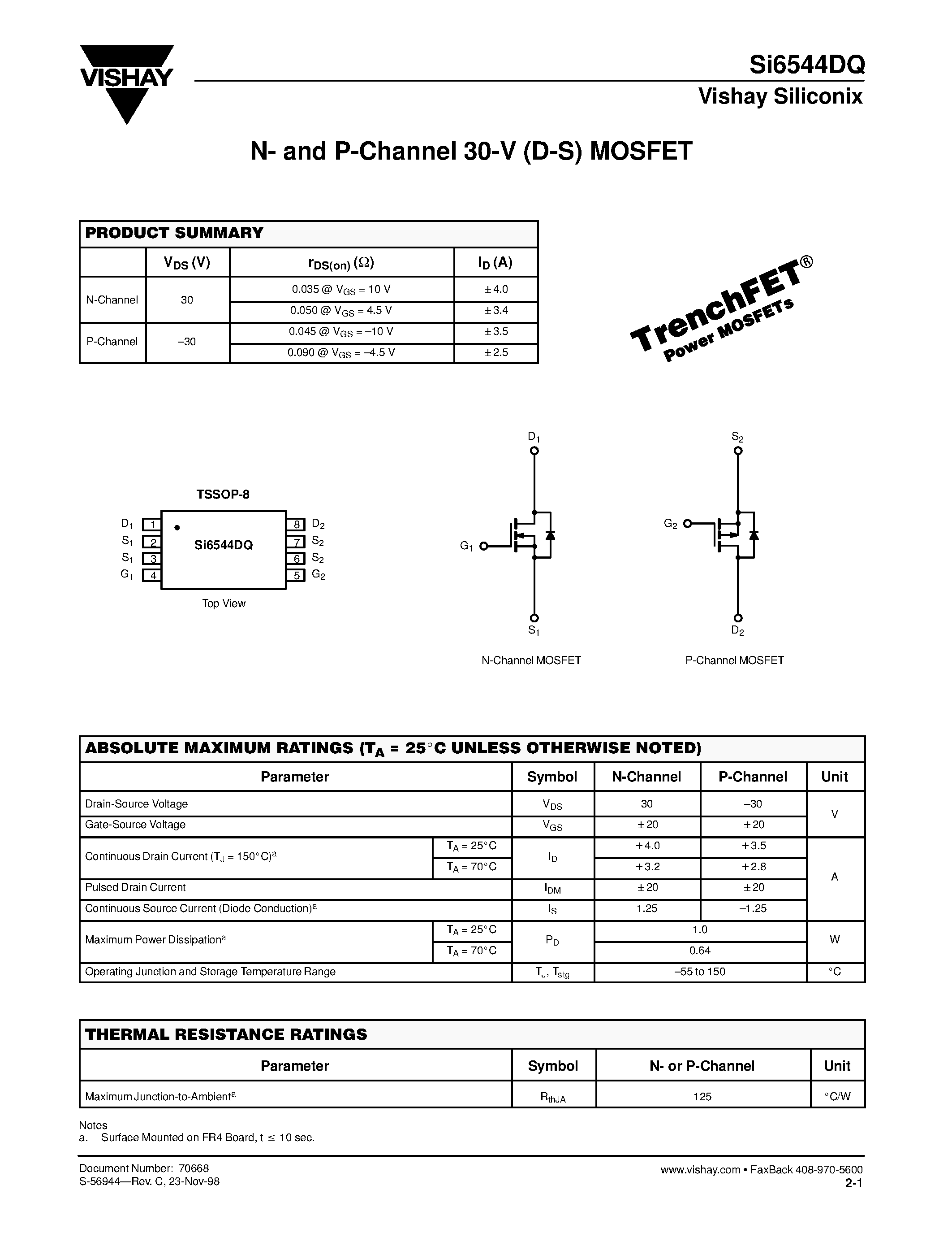 Даташит SI6544DQ - N- and P-Channel 30-V (D-S) MOSFET страница 1