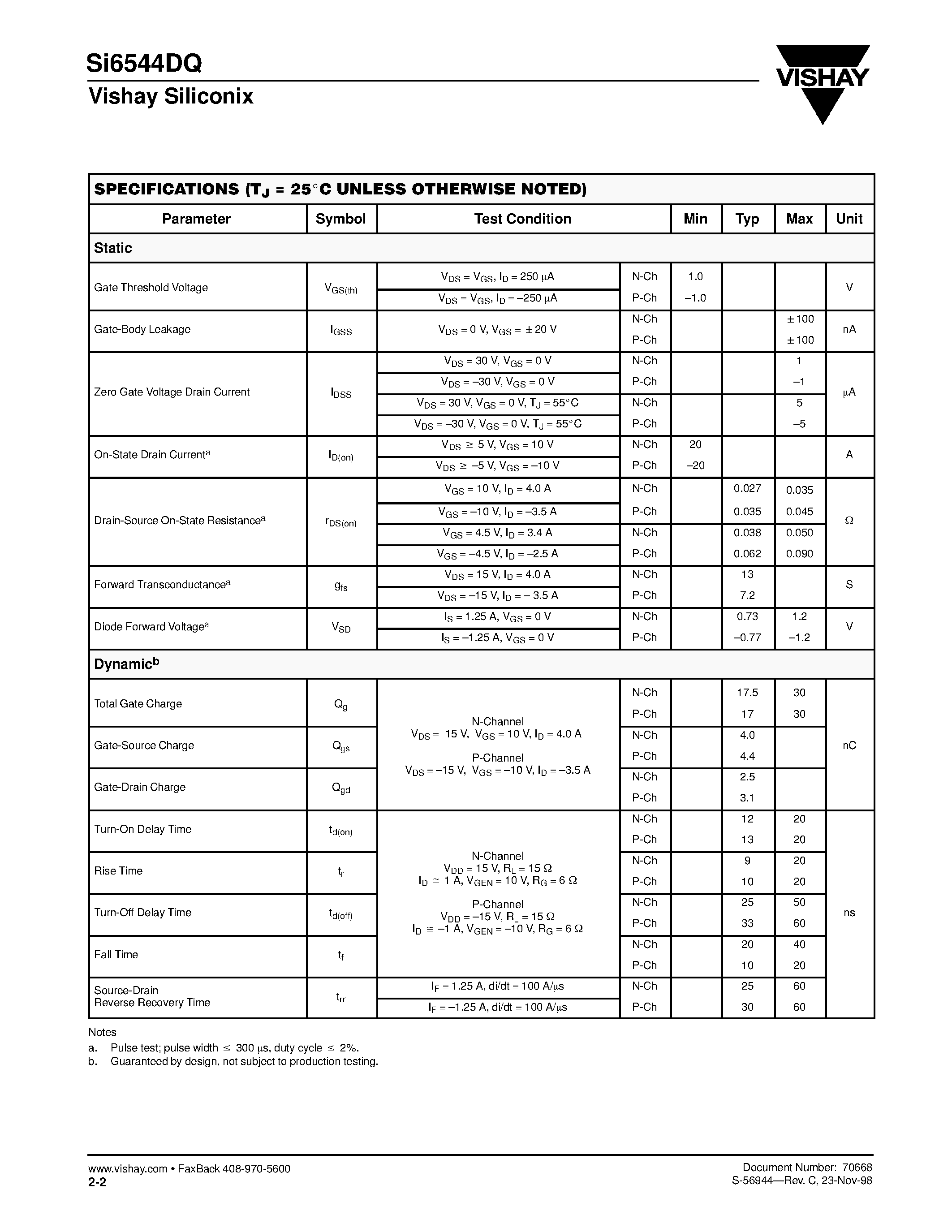 Даташит SI6544DQ - N- and P-Channel 30-V (D-S) MOSFET страница 2