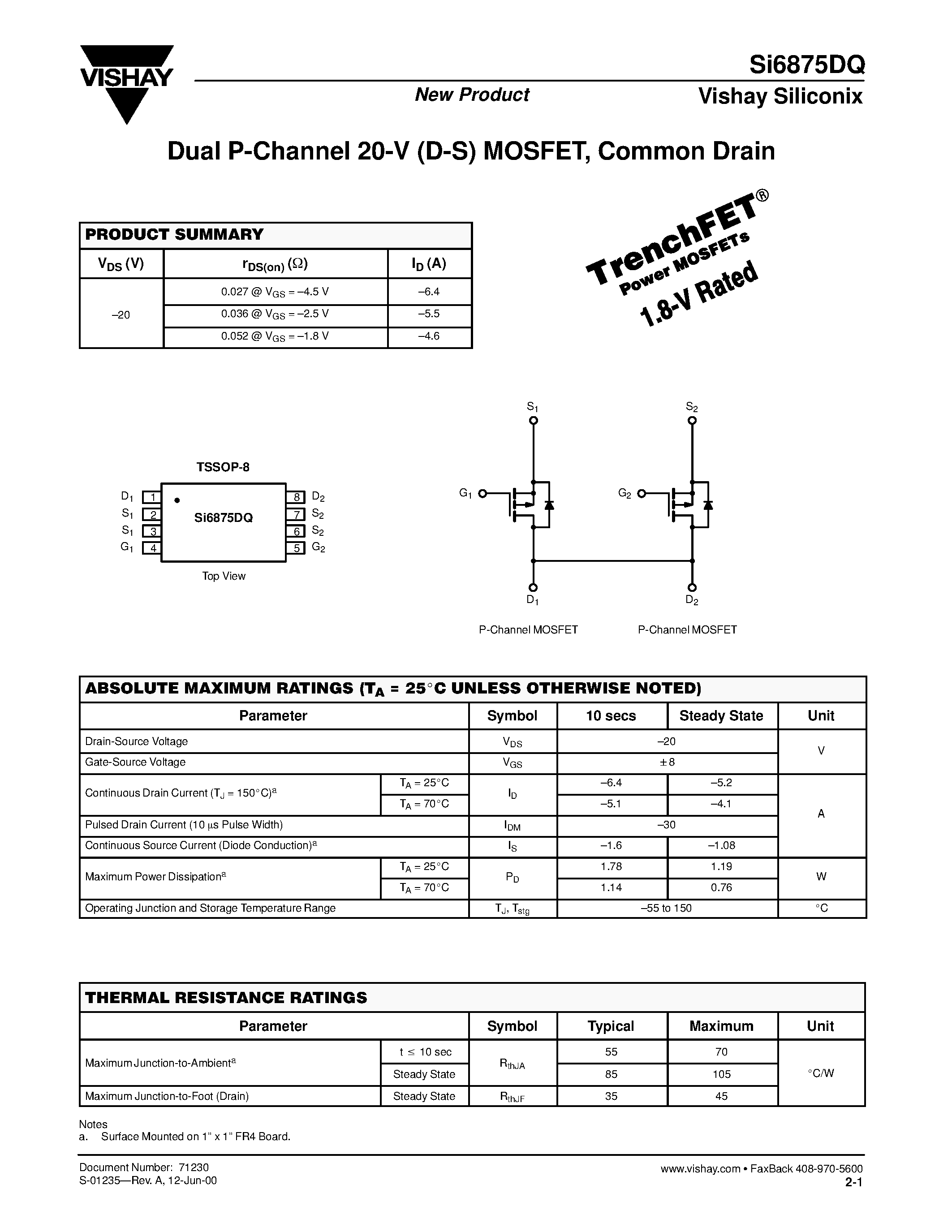 Даташит SI6875DQ - Dual P-Channel 20-V (D-S) MOSFET/ Common Drain страница 1