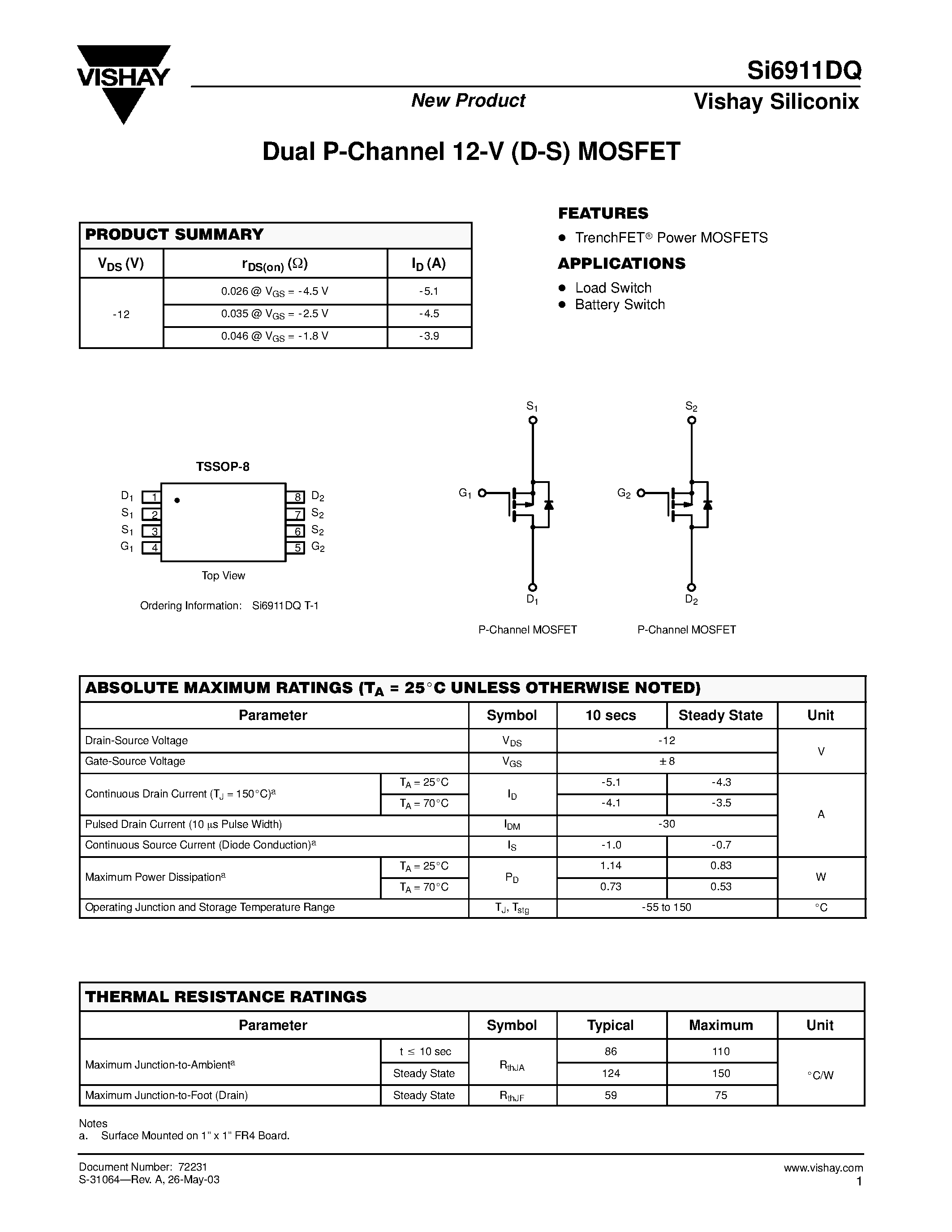 Даташит SI6911DQT-1 - Dual P-Channel 12-V (D-S) MOSFET страница 1