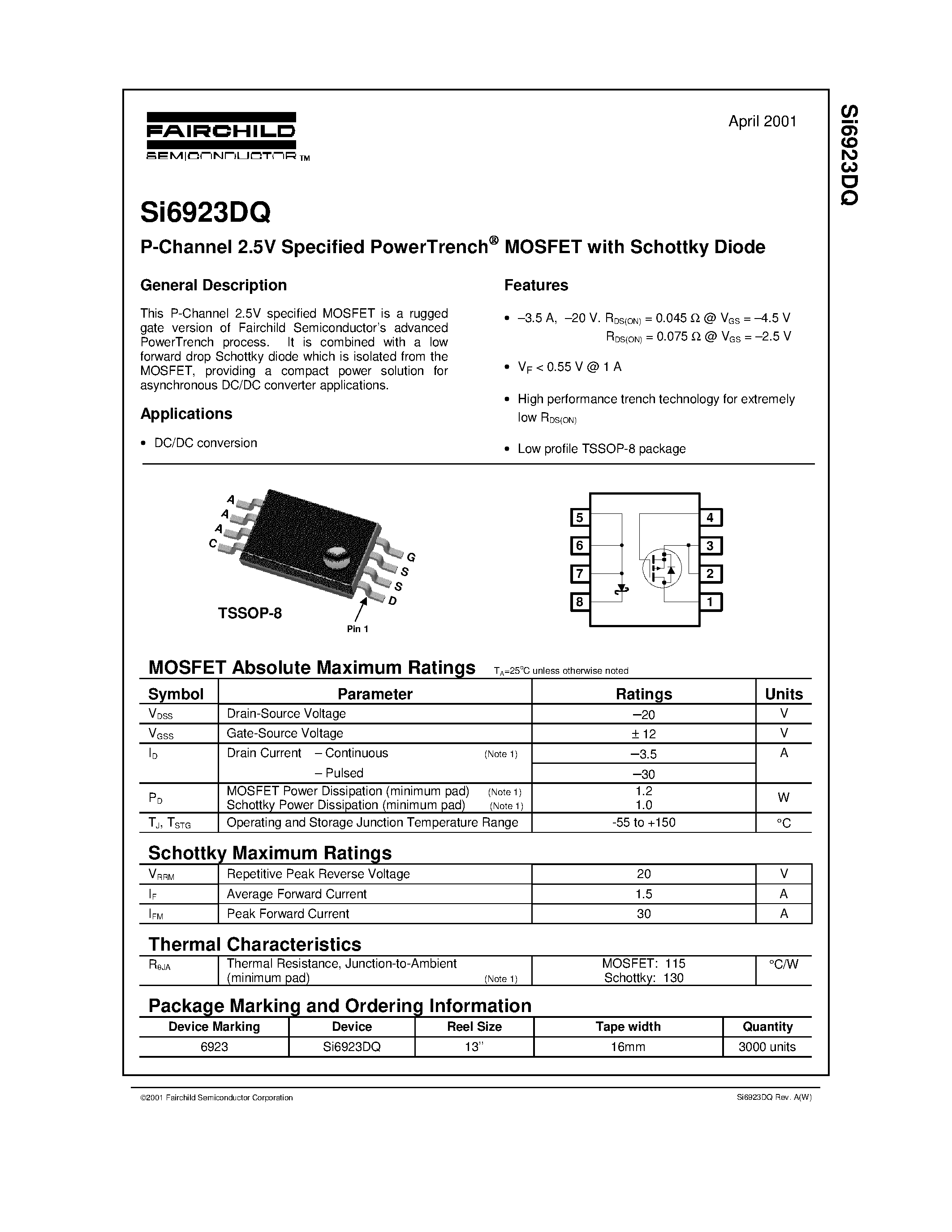 Даташит SI6923 - P-Channel 2.5V Specified PowerTrench MOSFET with Schottky Diode страница 1