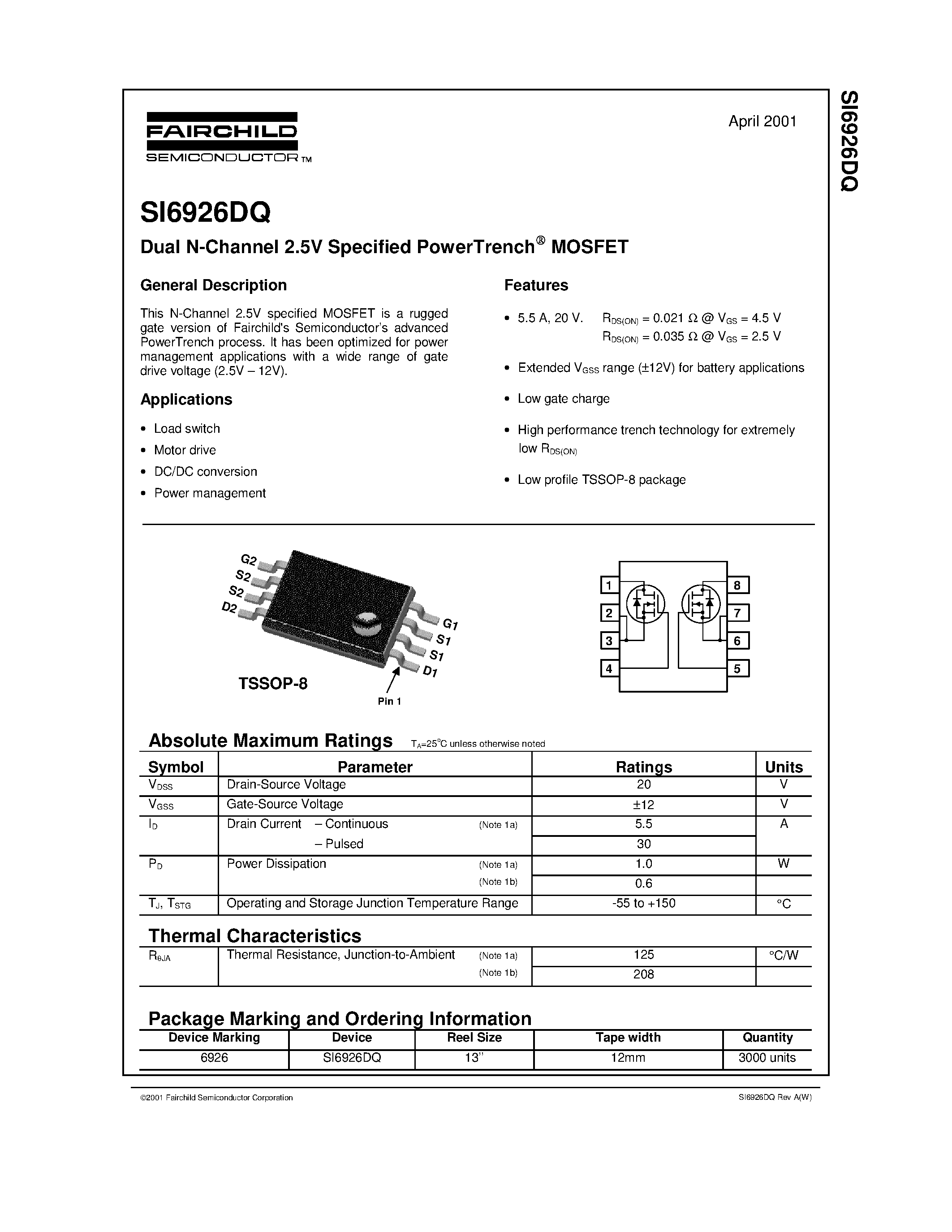 Даташит SI6926DQ - Dual N-Channel 2.5V Specified PowerTrench MOSFET страница 1