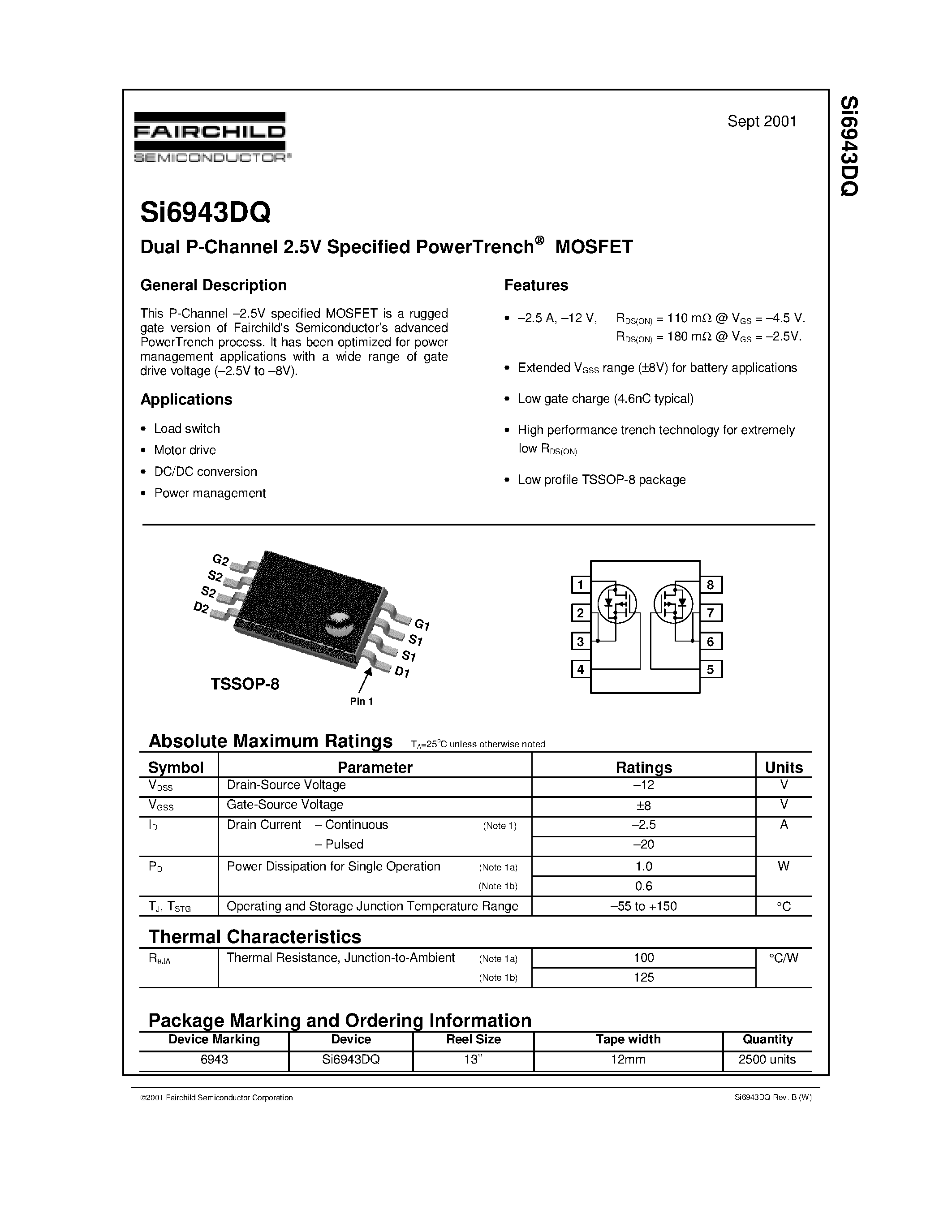 Даташит SI6943 - Dual P-Channel 2.5V Specified PowerTrench MOSFET страница 1