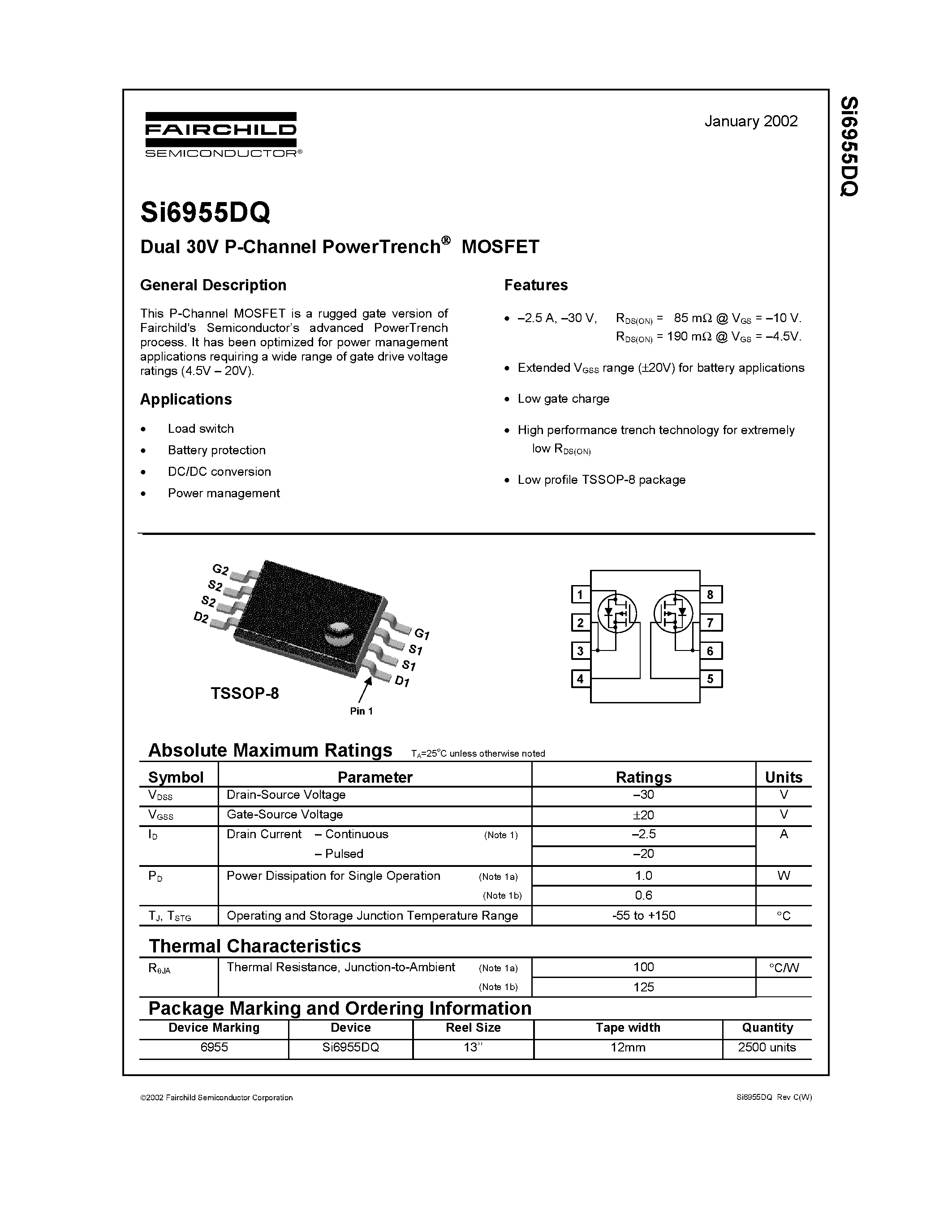 Даташит SI6955DQ - Dual 30V P-Channel PowerTrench MOSFET страница 1