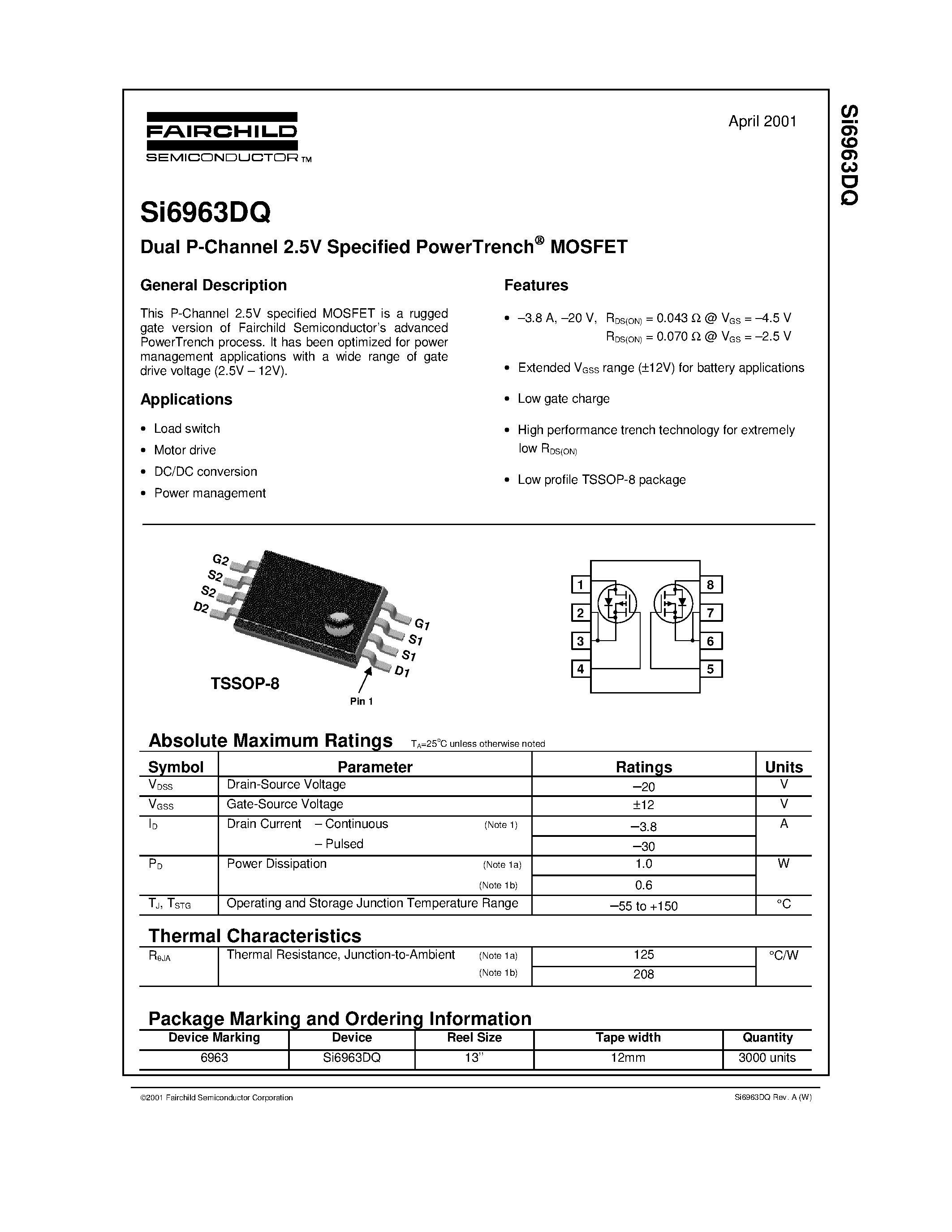 Даташит SI6963DQ - Dual P-Channel 2.5V Specified PowerTrench MOSFET страница 1