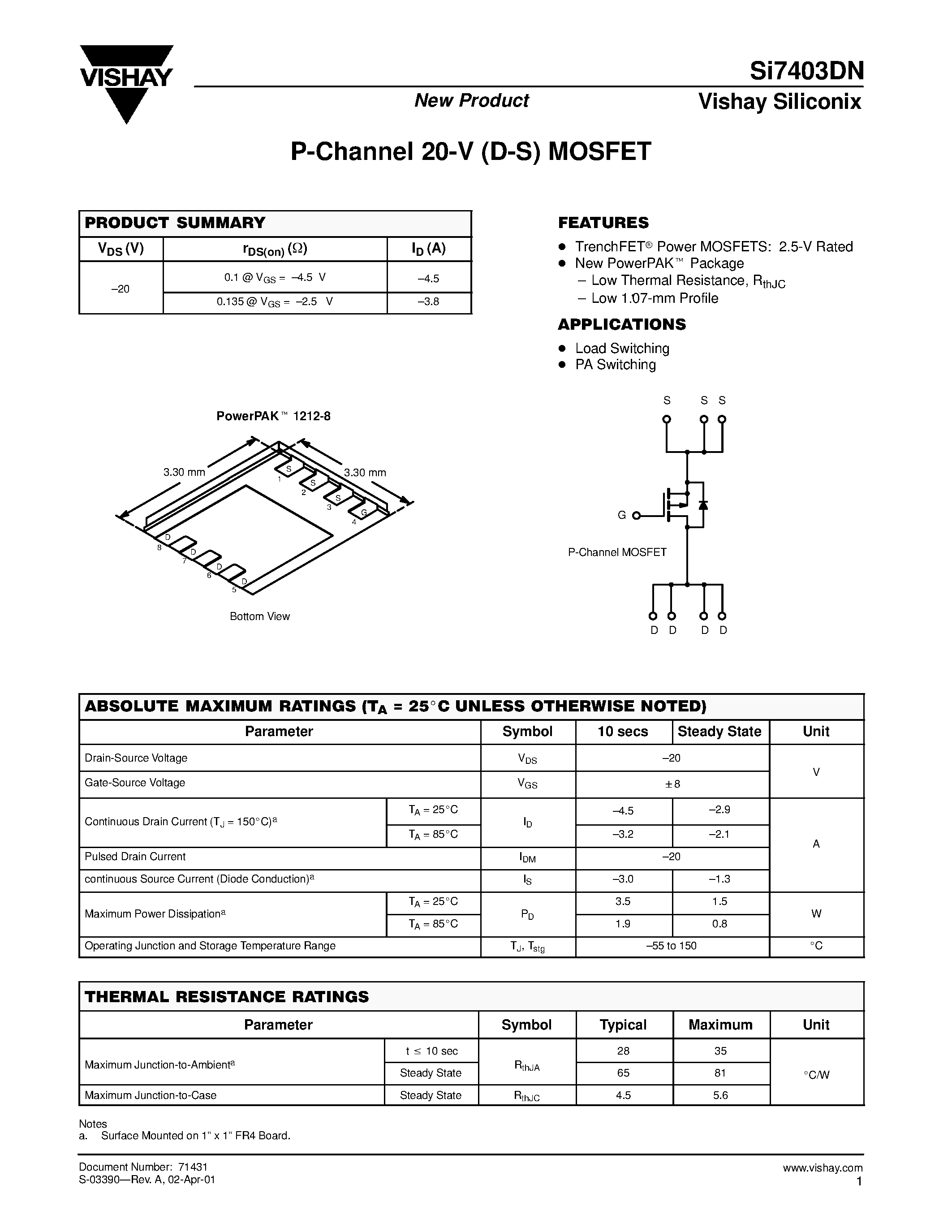 Даташит SI7403DN - P-Channel 20-V (D-S) MOSFET страница 1