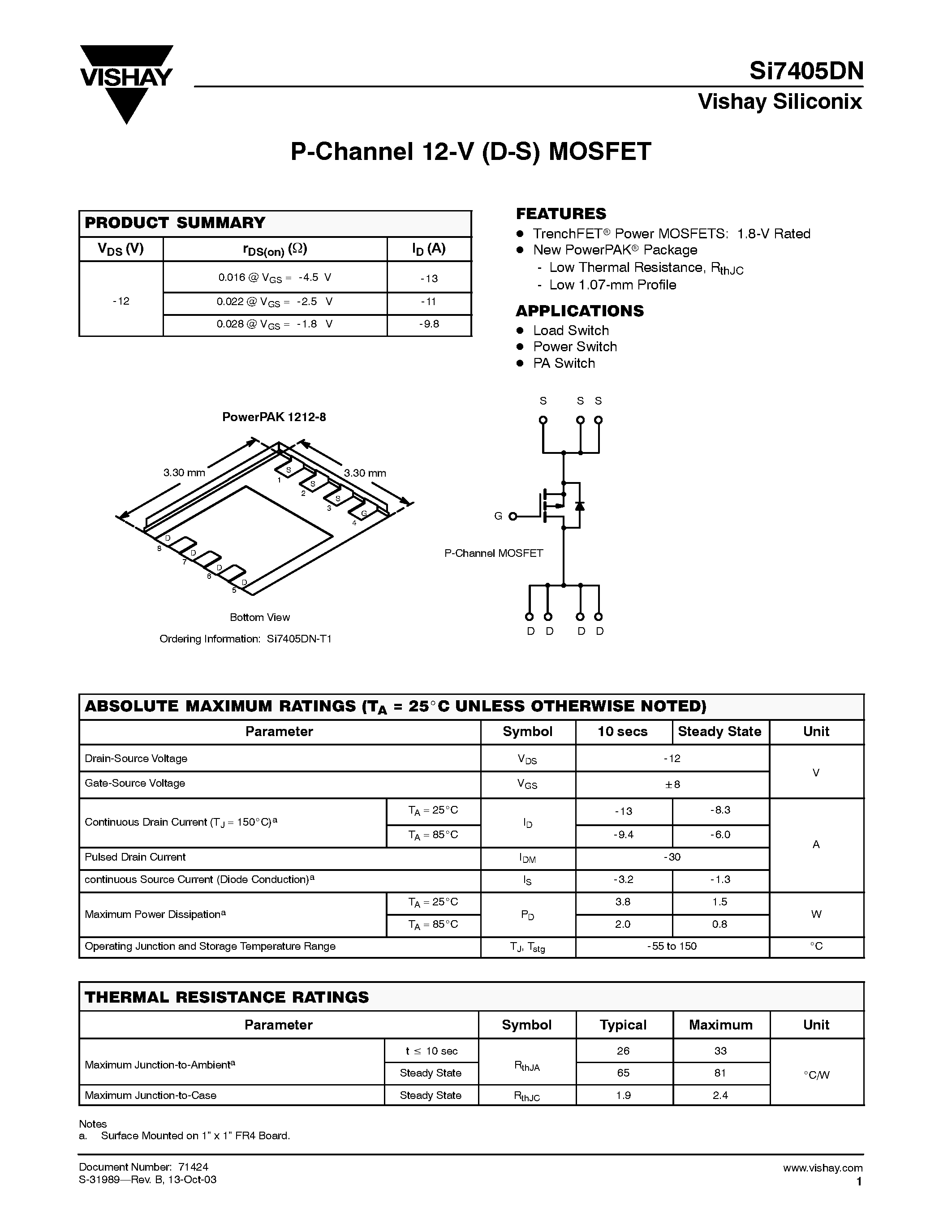 Даташит Si7405DN-T1 - P-Channel 12-V (D-S) MOSFET страница 1