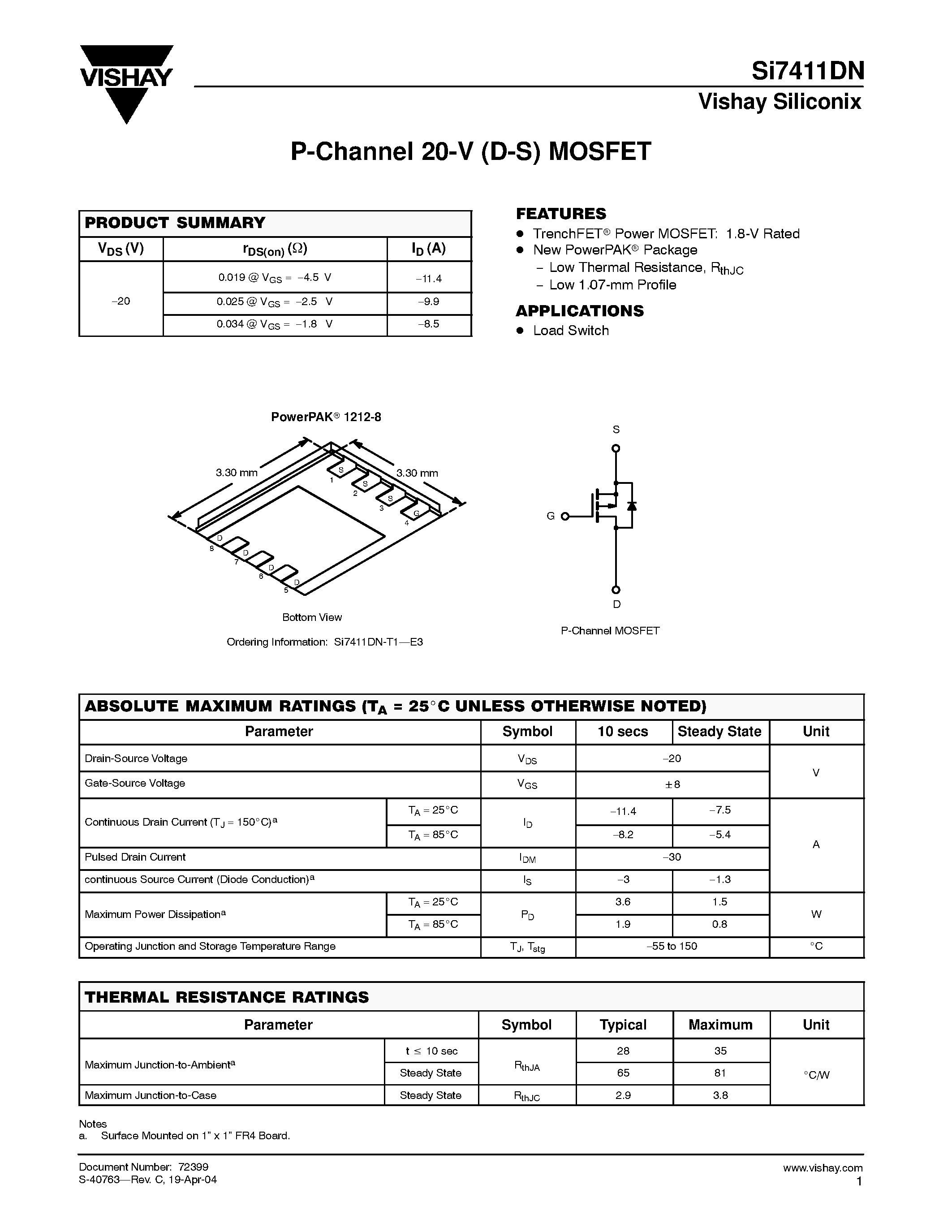 Даташит SI7411DN - P-Channel 20-V (D-S) MOSFET страница 1