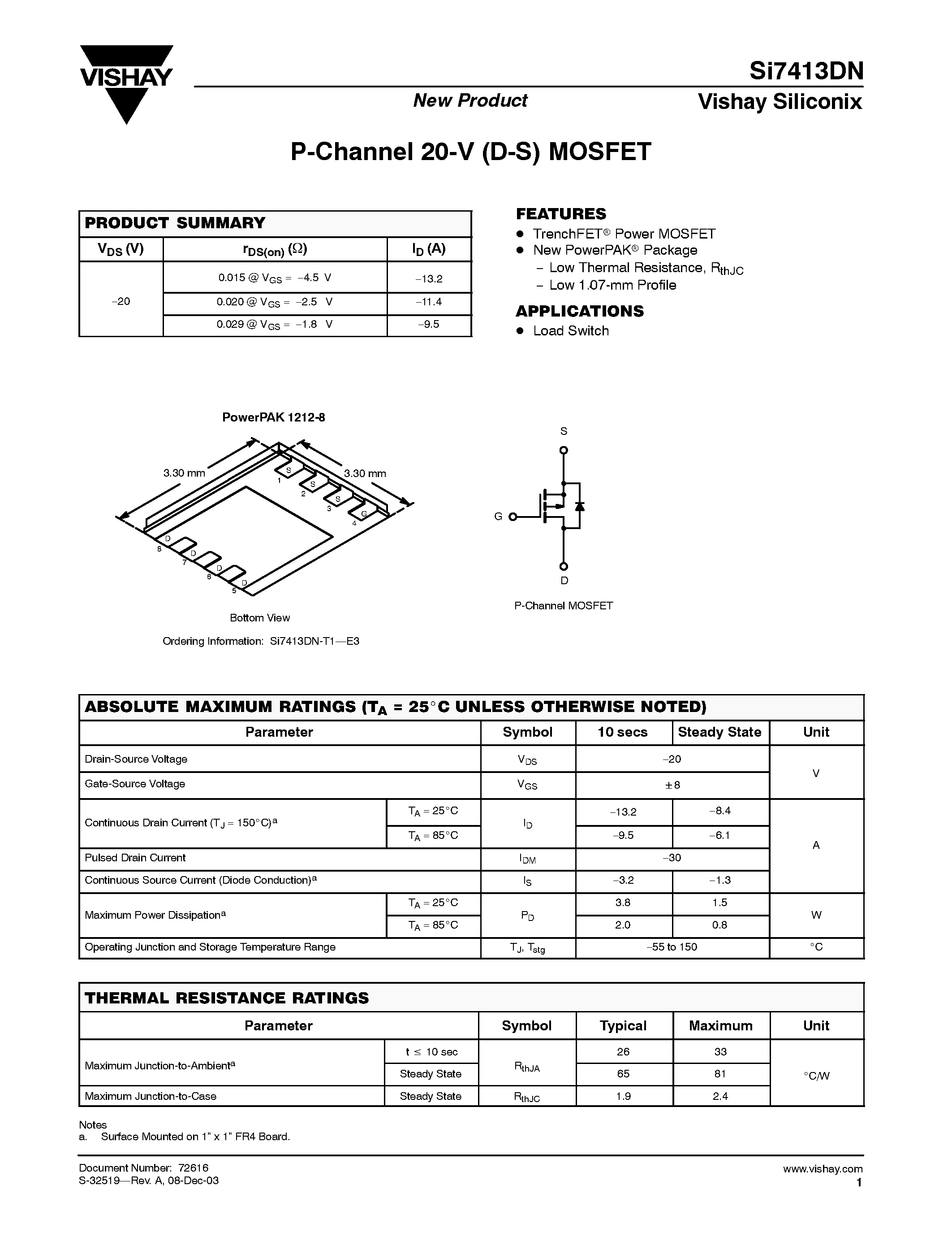 Даташит SI7413DN - P-Channel 20-V (D-S) MOSFET страница 1