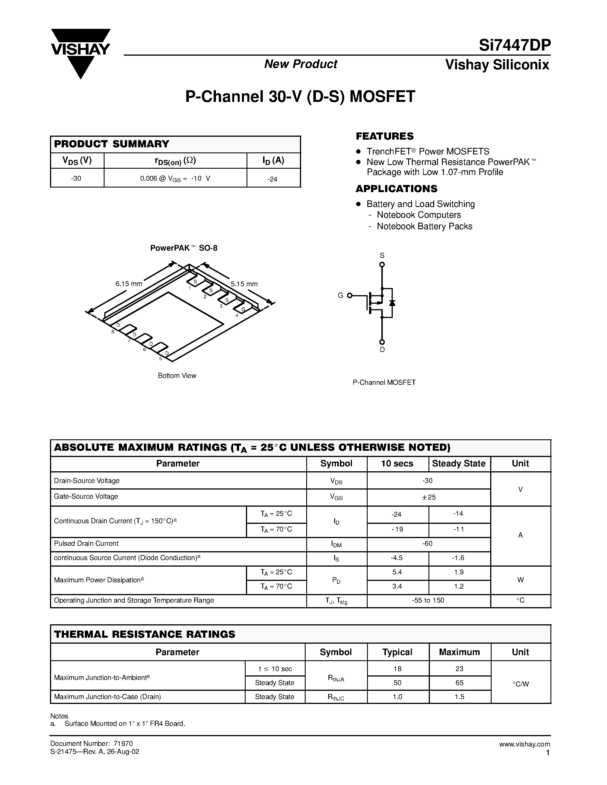 Даташит SI7447DP - P-Channel 30-V (D-S) MOSFET страница 1