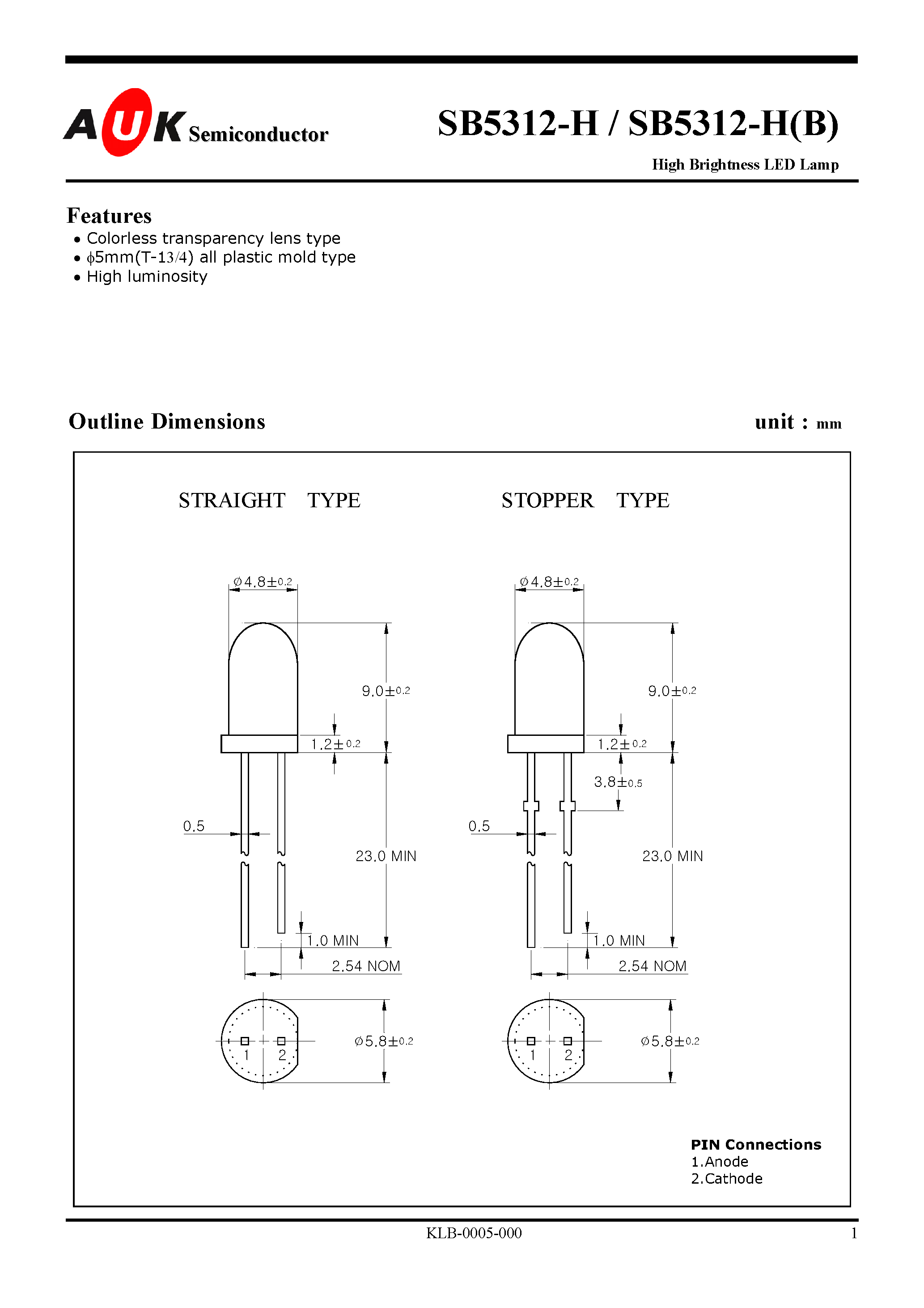 Даташит SB5312-H - High Brightness LED Lamp страница 1