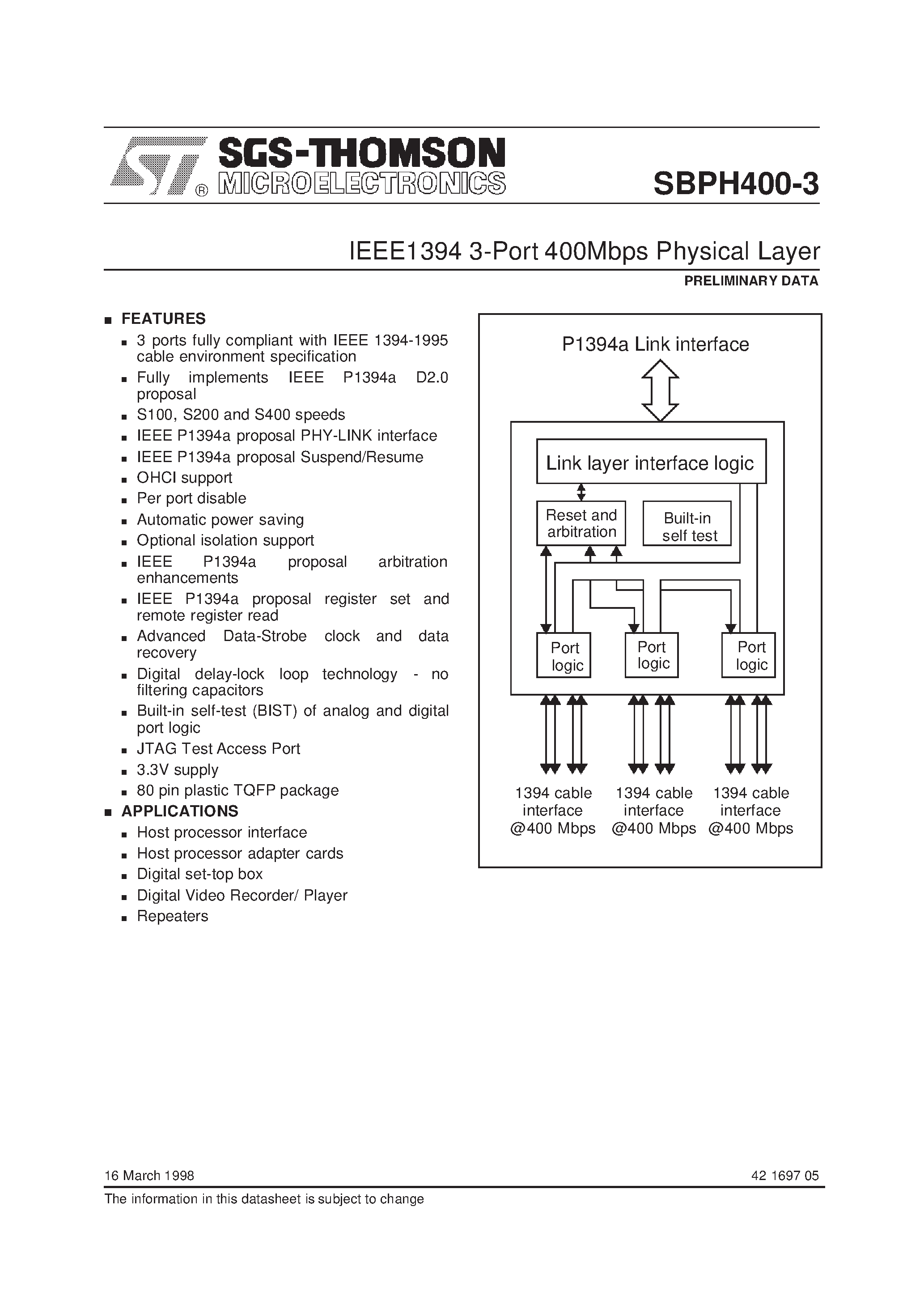 Даташит SBPH400-3 - IEEE1394 3-Port 400Mbps Physical Layer страница 1