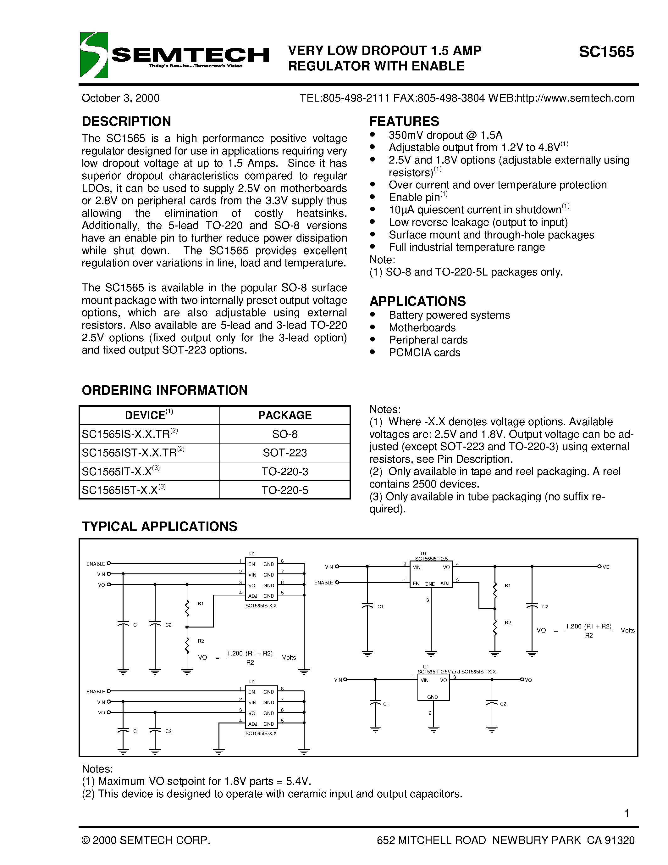 Даташит SC1565I5T-1.8 - VERY LOW DROPOUT 1.5 AMP REGULATOR WITH ENABLE страница 1