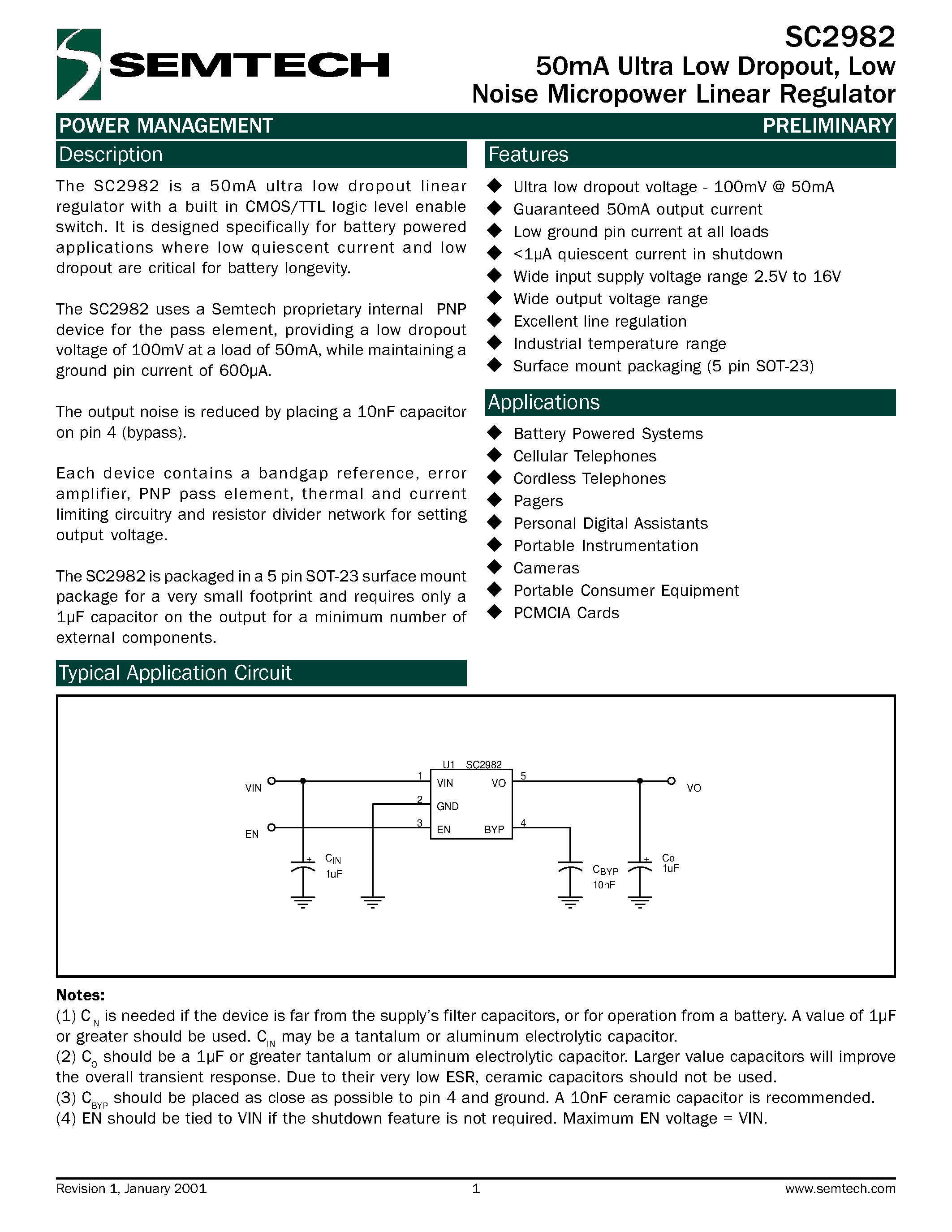 Даташит SC2982CSK-4.0TR - 50mA Ultra Low Dropout/ Low Noise Micropower Linear Regulator страница 1