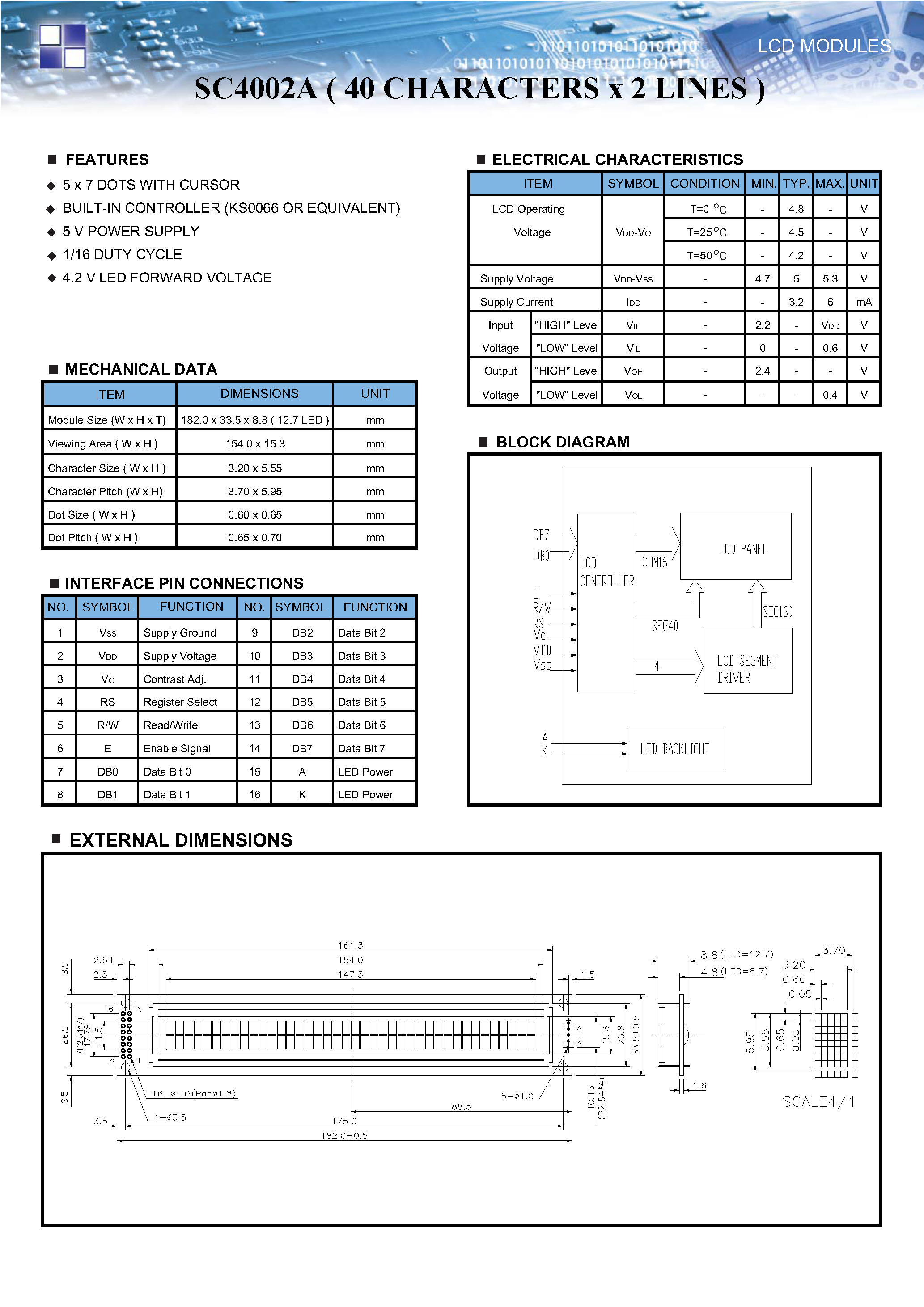 Даташит SC4002A - LCD MODULES SC4002A ( 40 CHARACTERS x 2 LINES ) страница 1