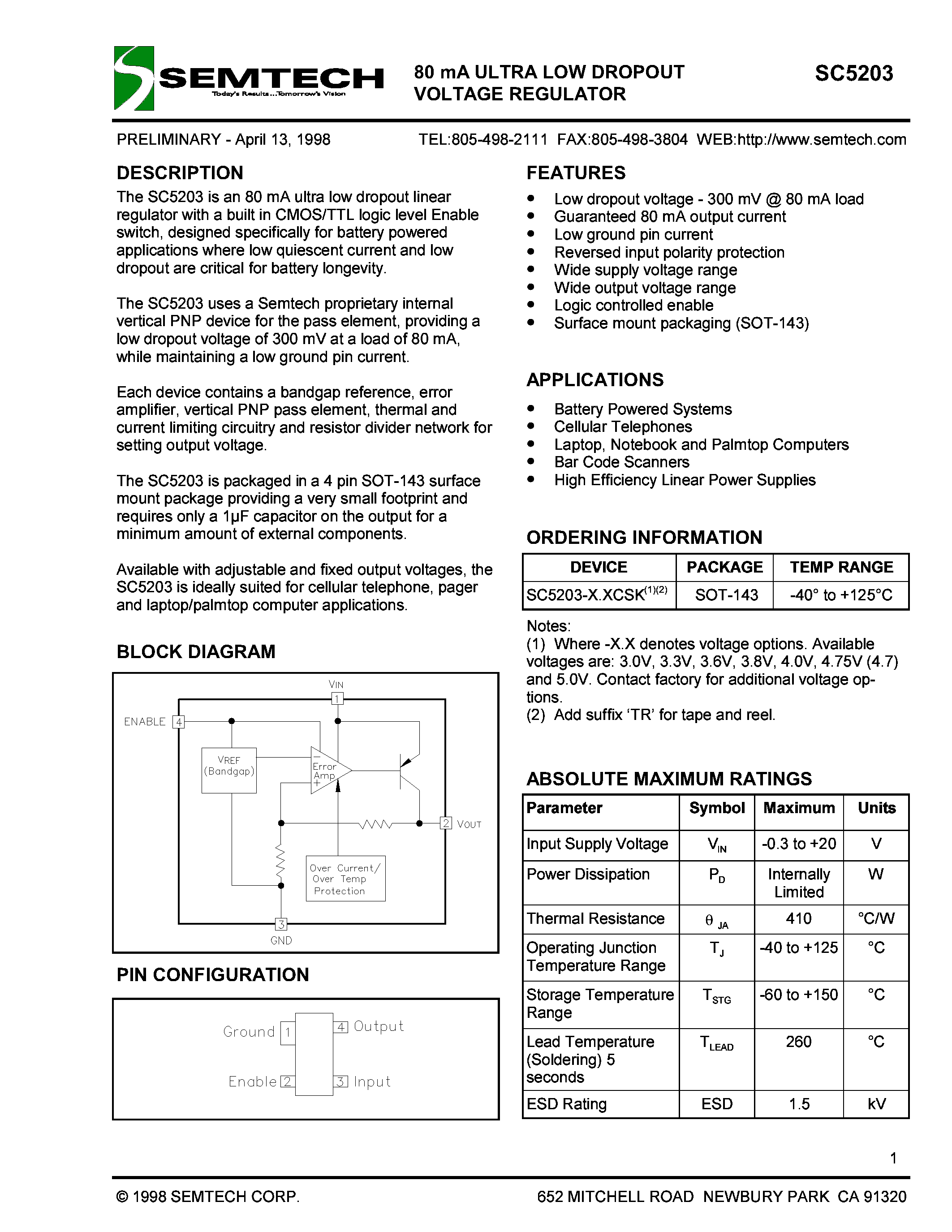 Datasheet SC5203-5.0CSK - 80mA ULTRA LOW DROPOUT VOLTAGE REGULATOR page 1