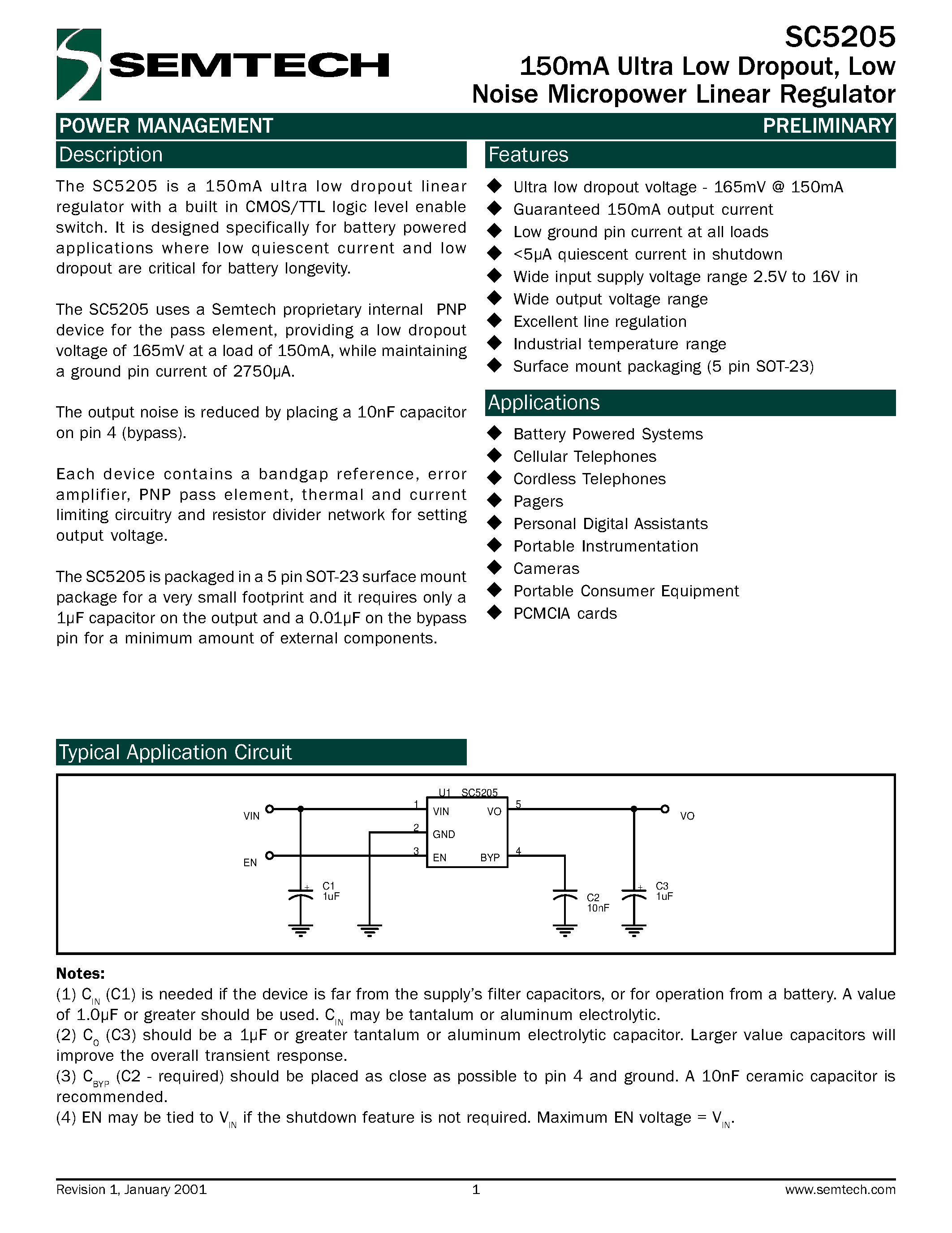 Даташит SC5205-4.0CSKTR - 150mA Ultra Low Dropout/ Low Noise Micropower Linear Regulator страница 1