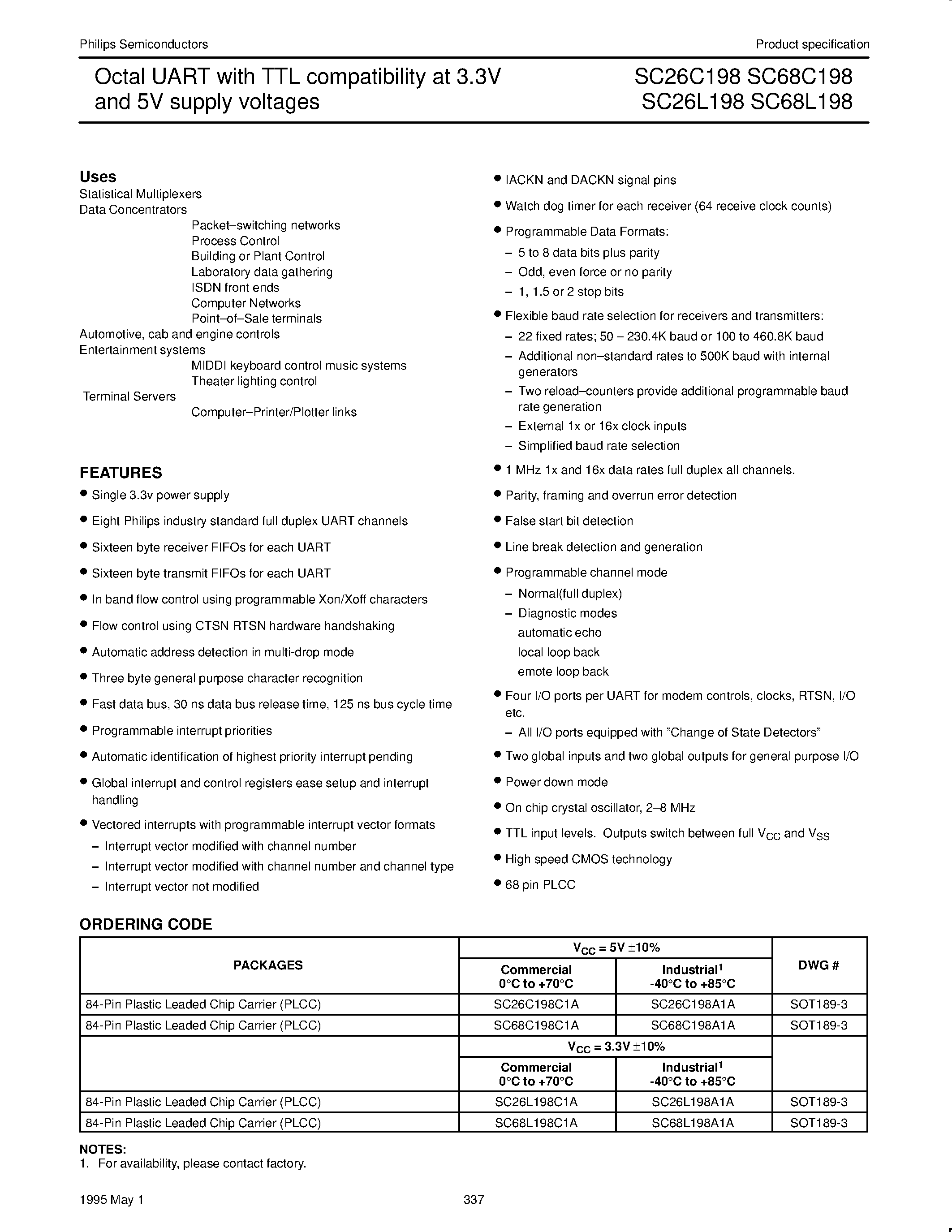 Даташит SC68L198A1A - Octal UART with TTL compatibility at 3.3V and 5V supply voltages страница 2