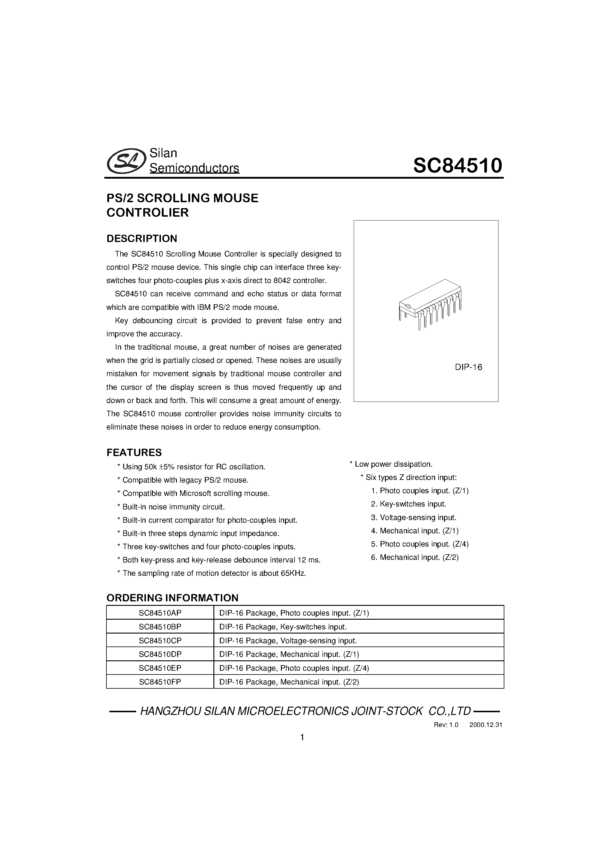 Даташит SC84510 - PS/2 SCROLLING MOUSE CONTROLIER страница 1