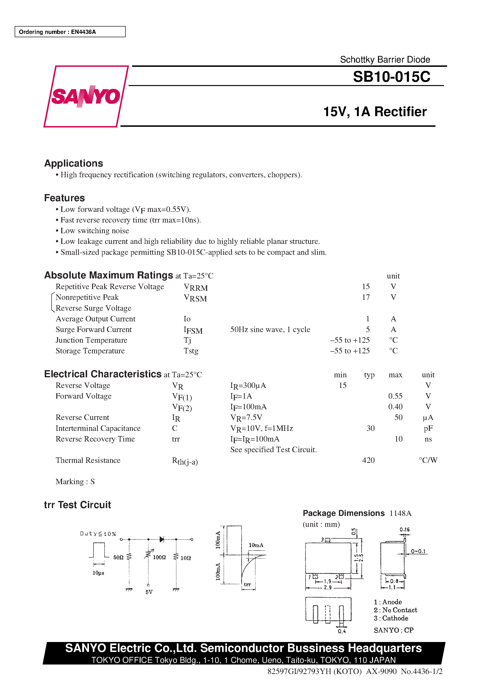 Datasheet SB10-015C - 15V/ 1A Rectifier page 1