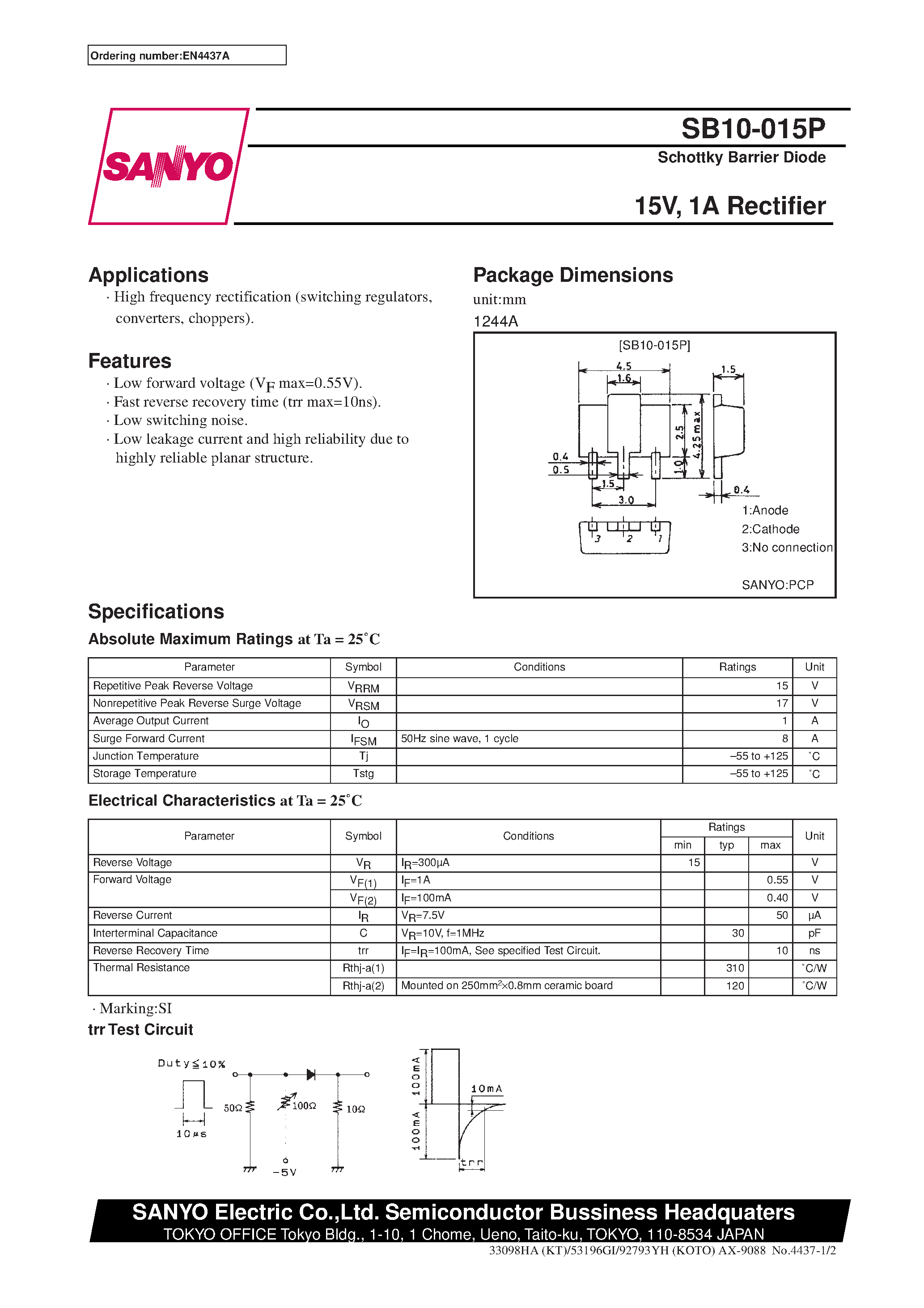 Datasheet SB10-015P - 15V/ 1A Rectifier page 1