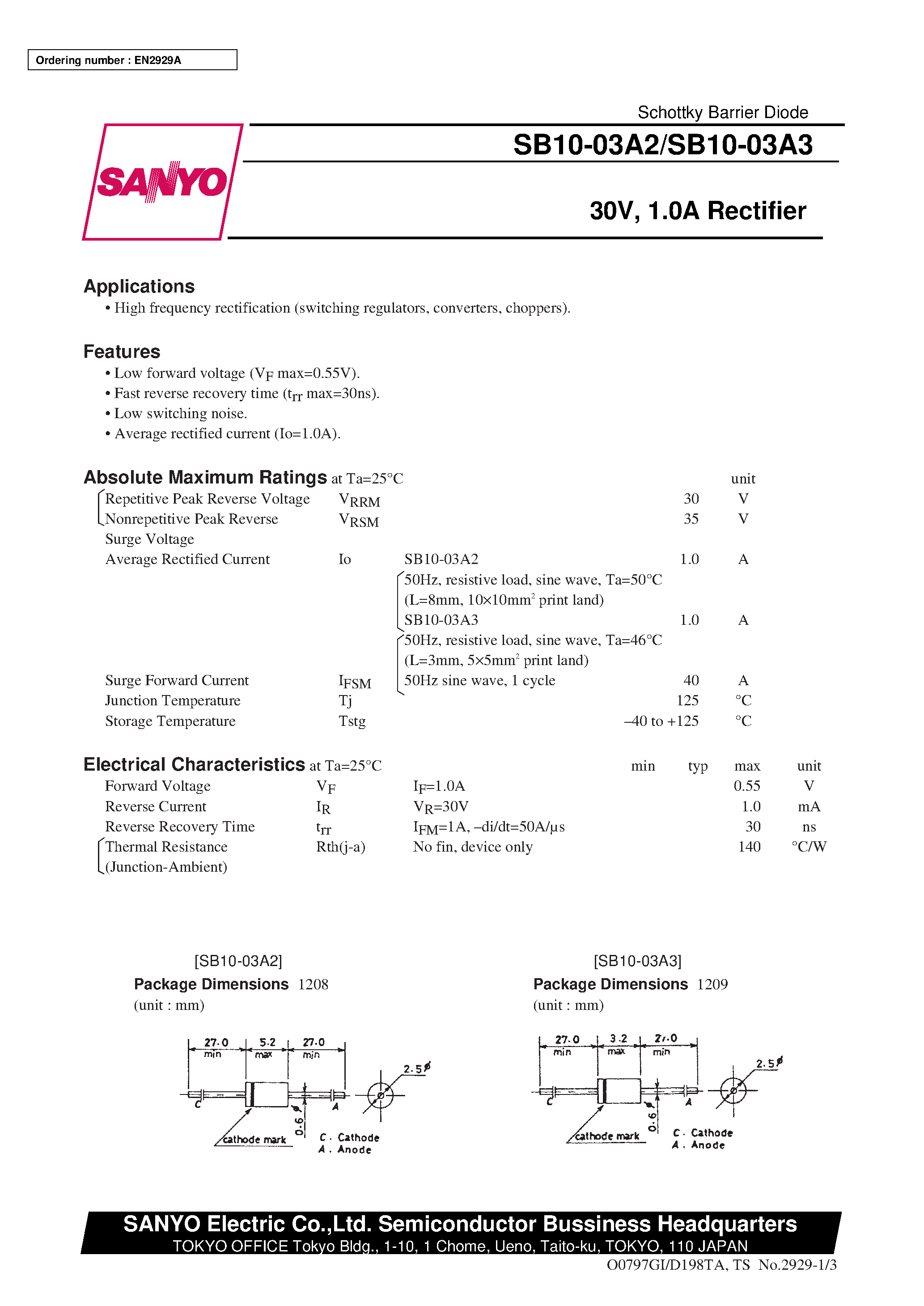 Datasheet SB10-03A2 - 30V/ 1.0A Rectifier page 1