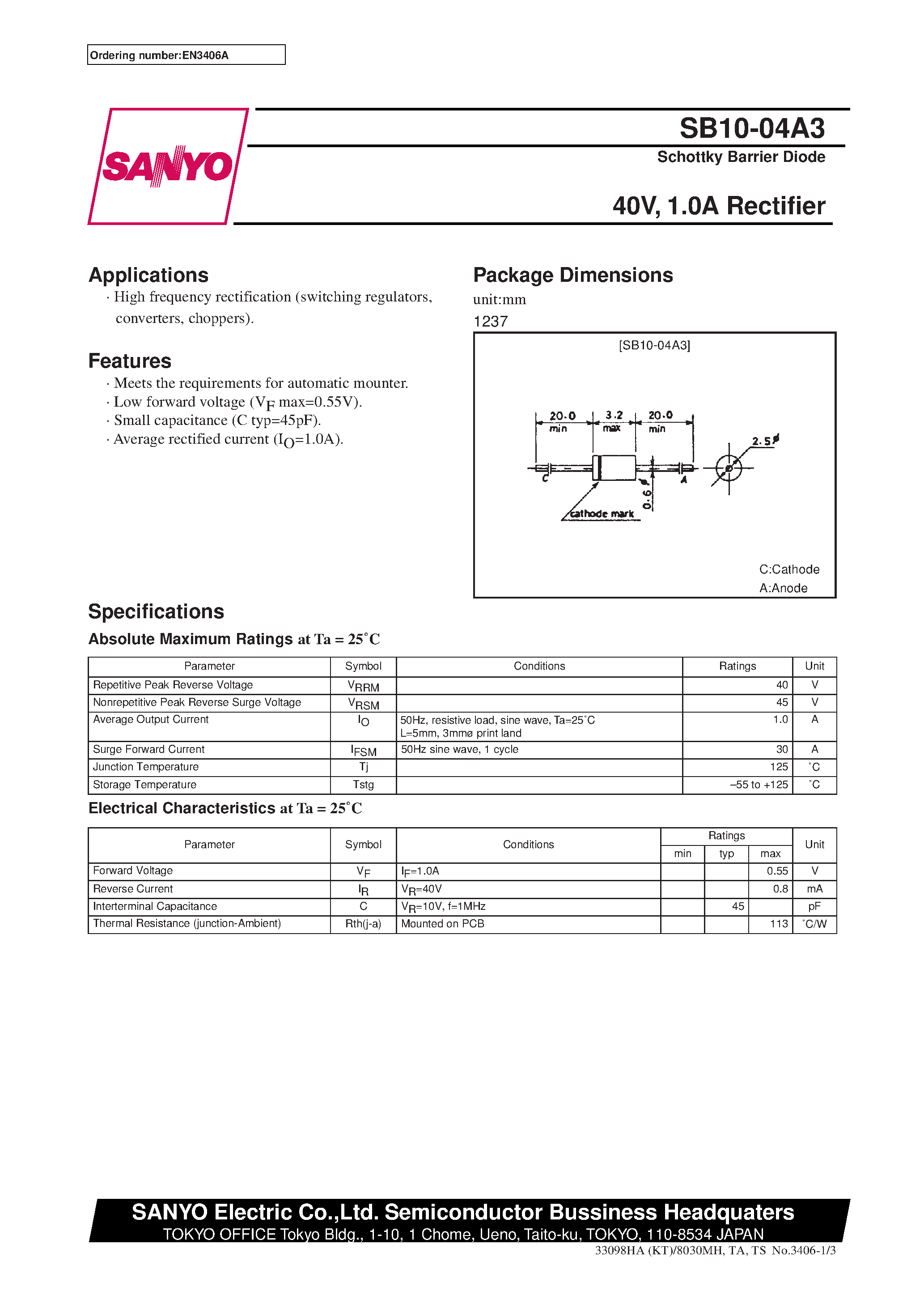 Datasheet SB10-04A3 - 40V/ 1.0A Rectifier page 1