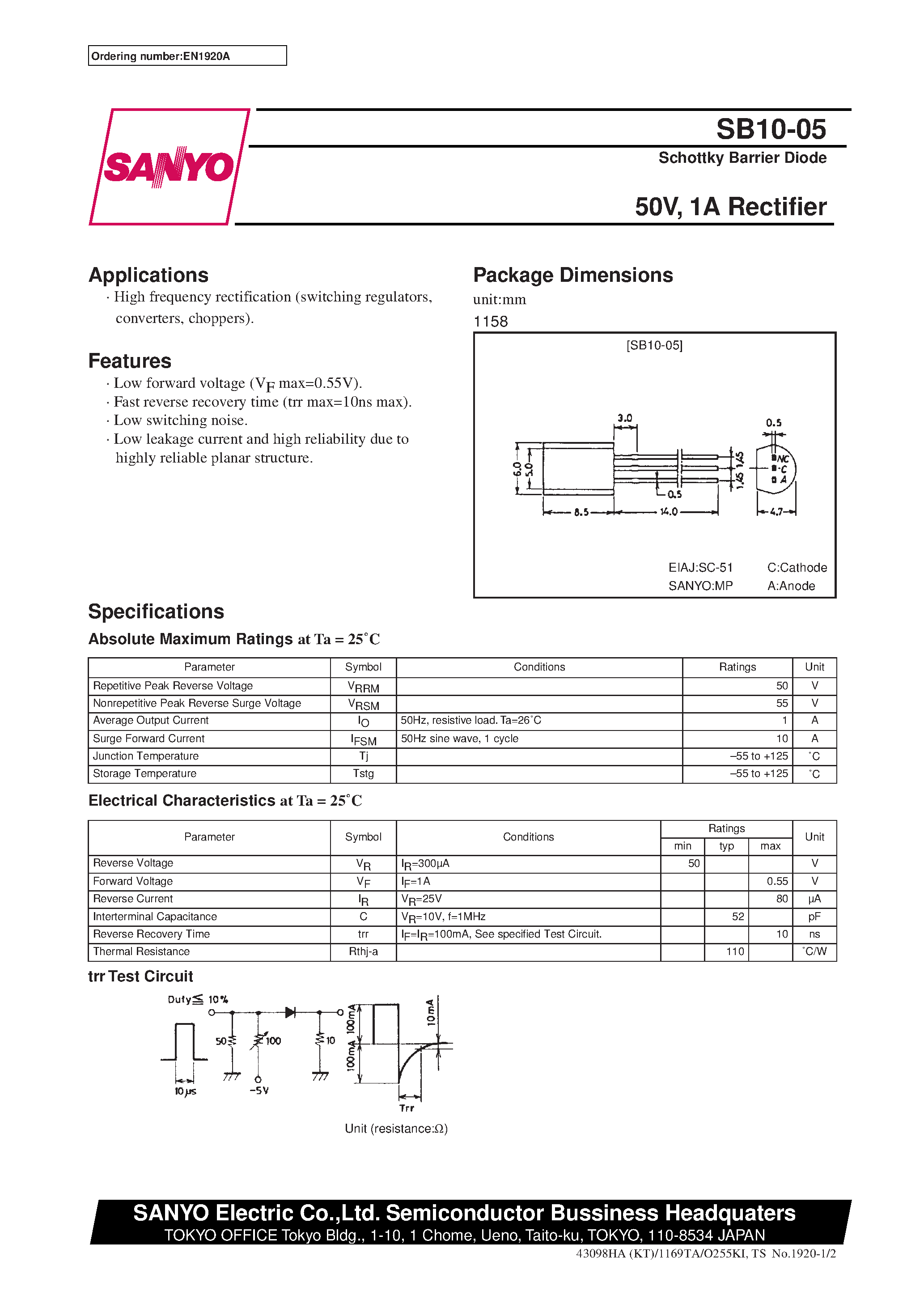 Datasheet SB10-05 - 50V/ 1A Rectifier page 1