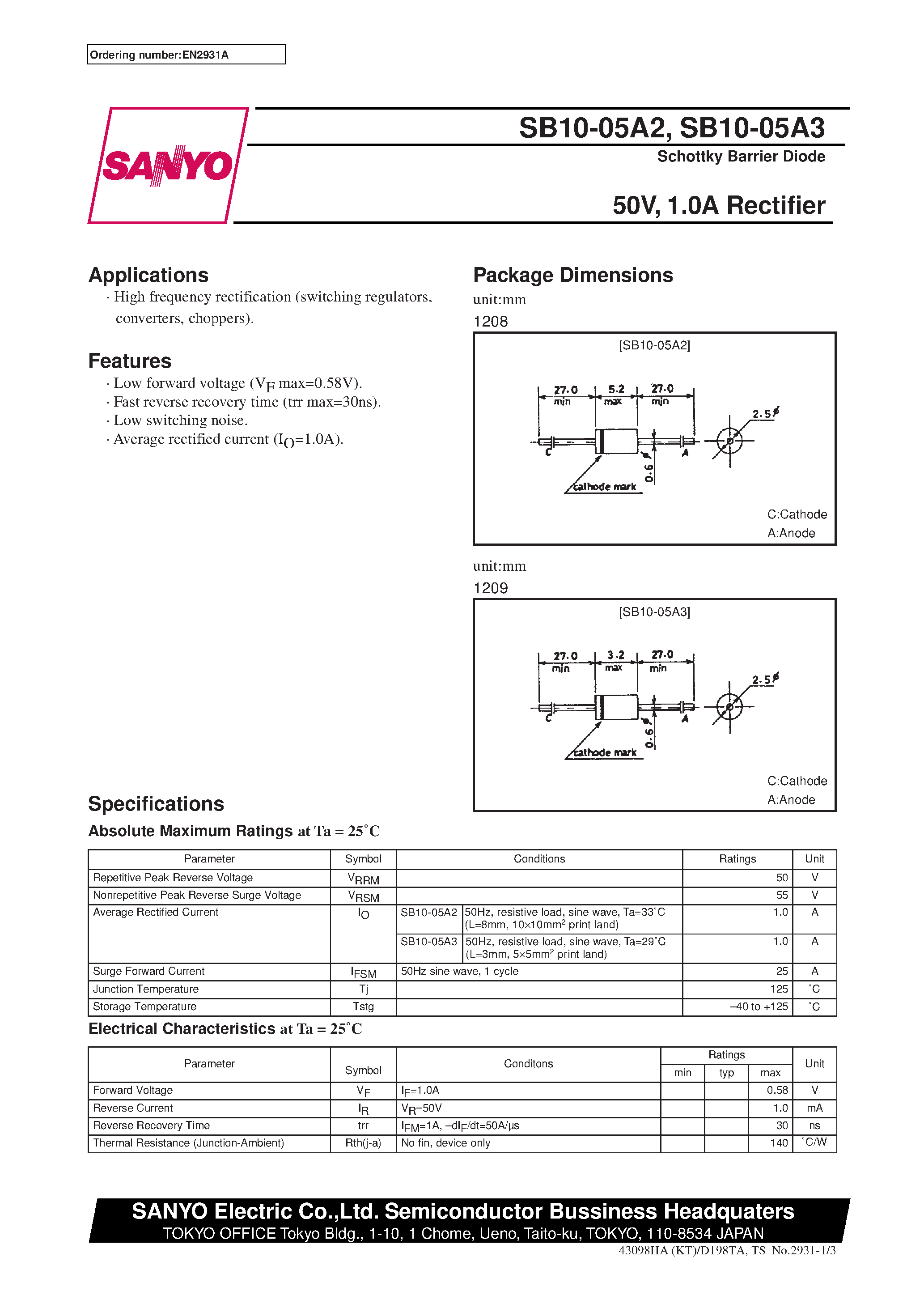 Datasheet SB10-05A2 - 50V/ 1.0A Rectifier page 1