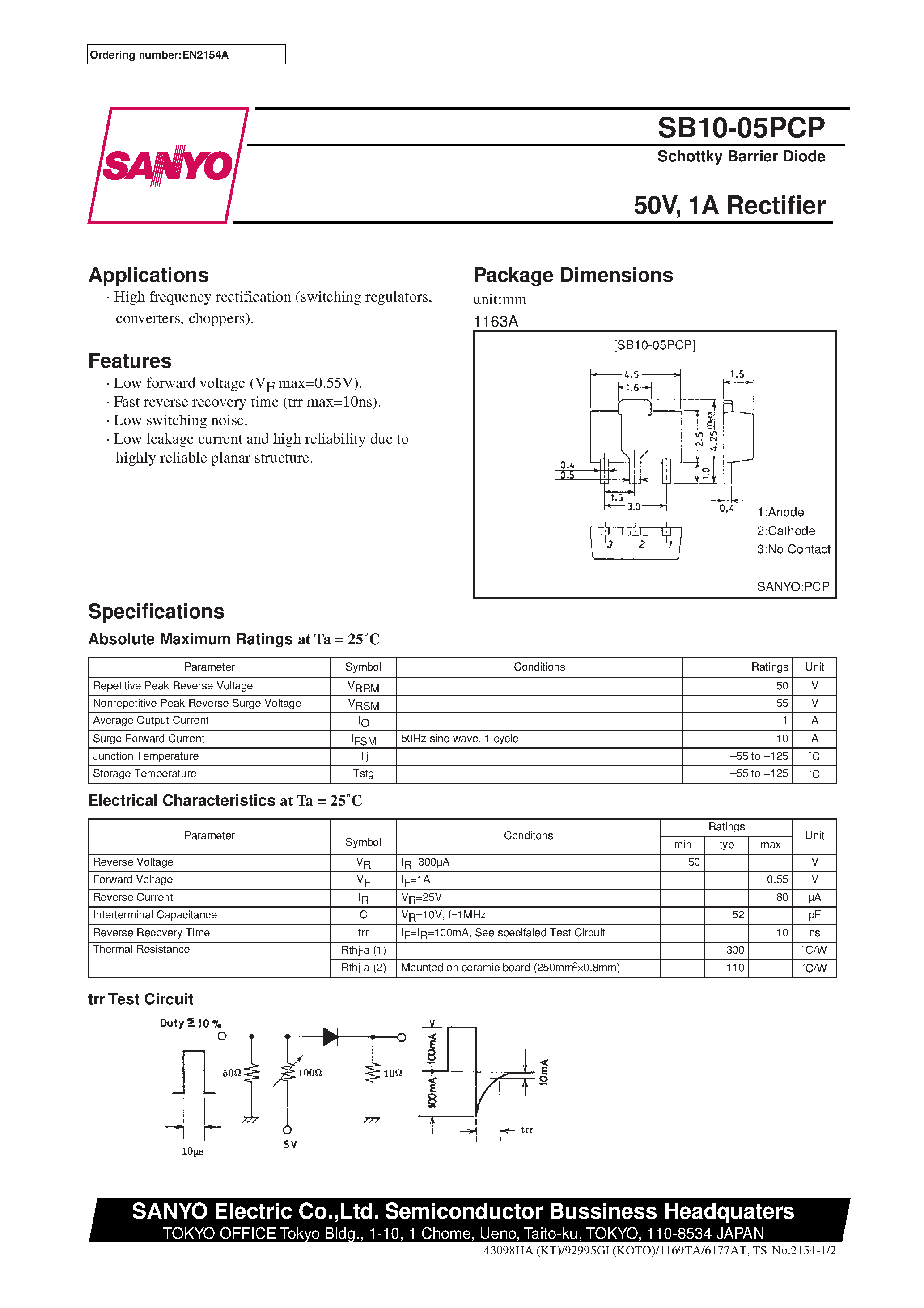 Datasheet SB10-05PCP - 50V/ 1A Rectifier page 1