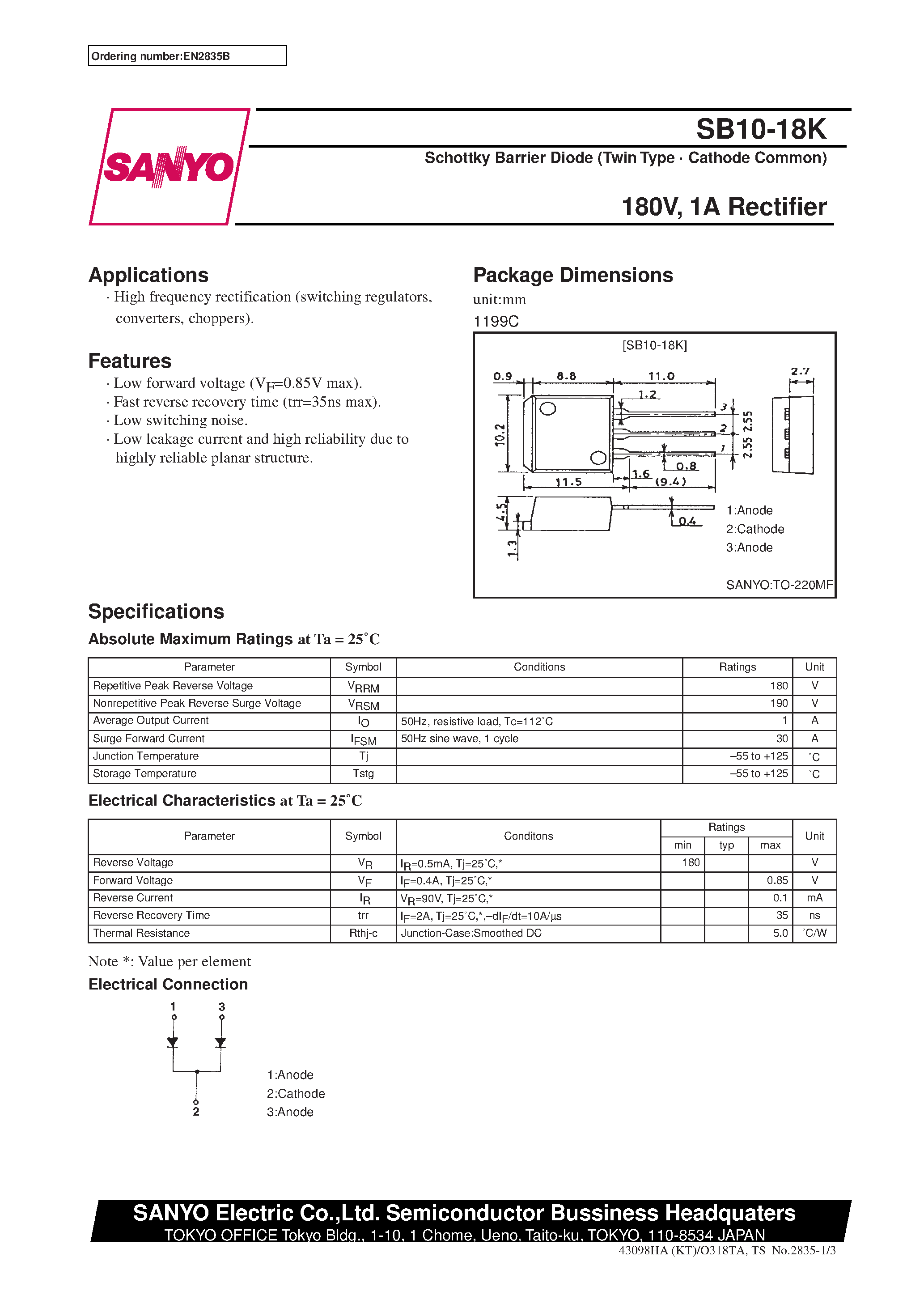 Datasheet SB10-18K - 180V/ 1A Rectifier page 1