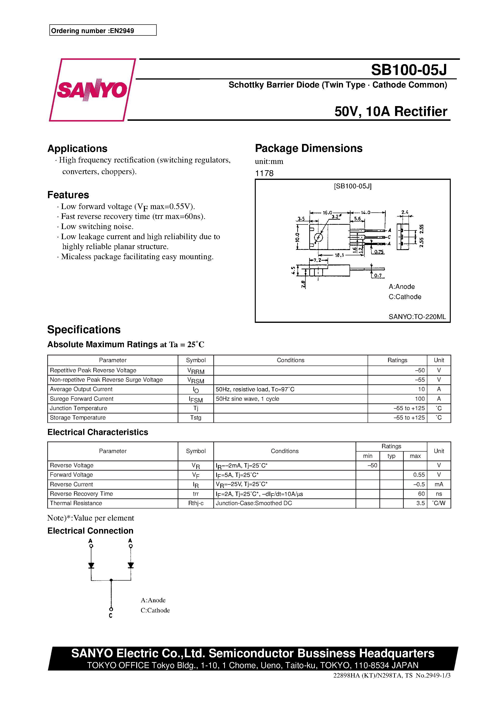 Datasheet SB100-05J - 50V/ 10A Rectifier page 1