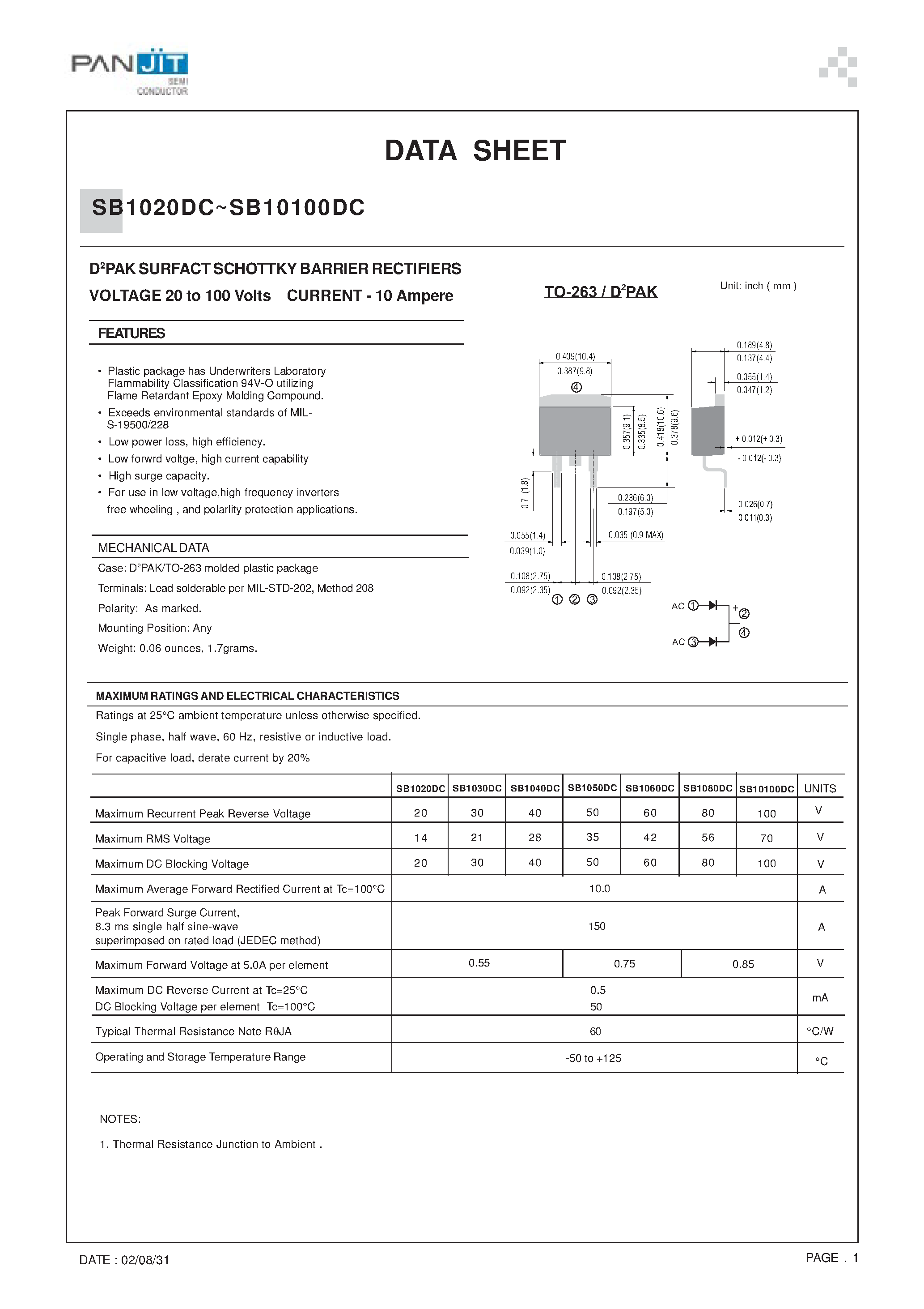 Datasheet SB10100DC - D2PAK SURFACT SCHOTTKY BARRIER RECTIFIERS(VOLTAGE 20 to 100 Volts CURRENT - 10 Ampere) page 1