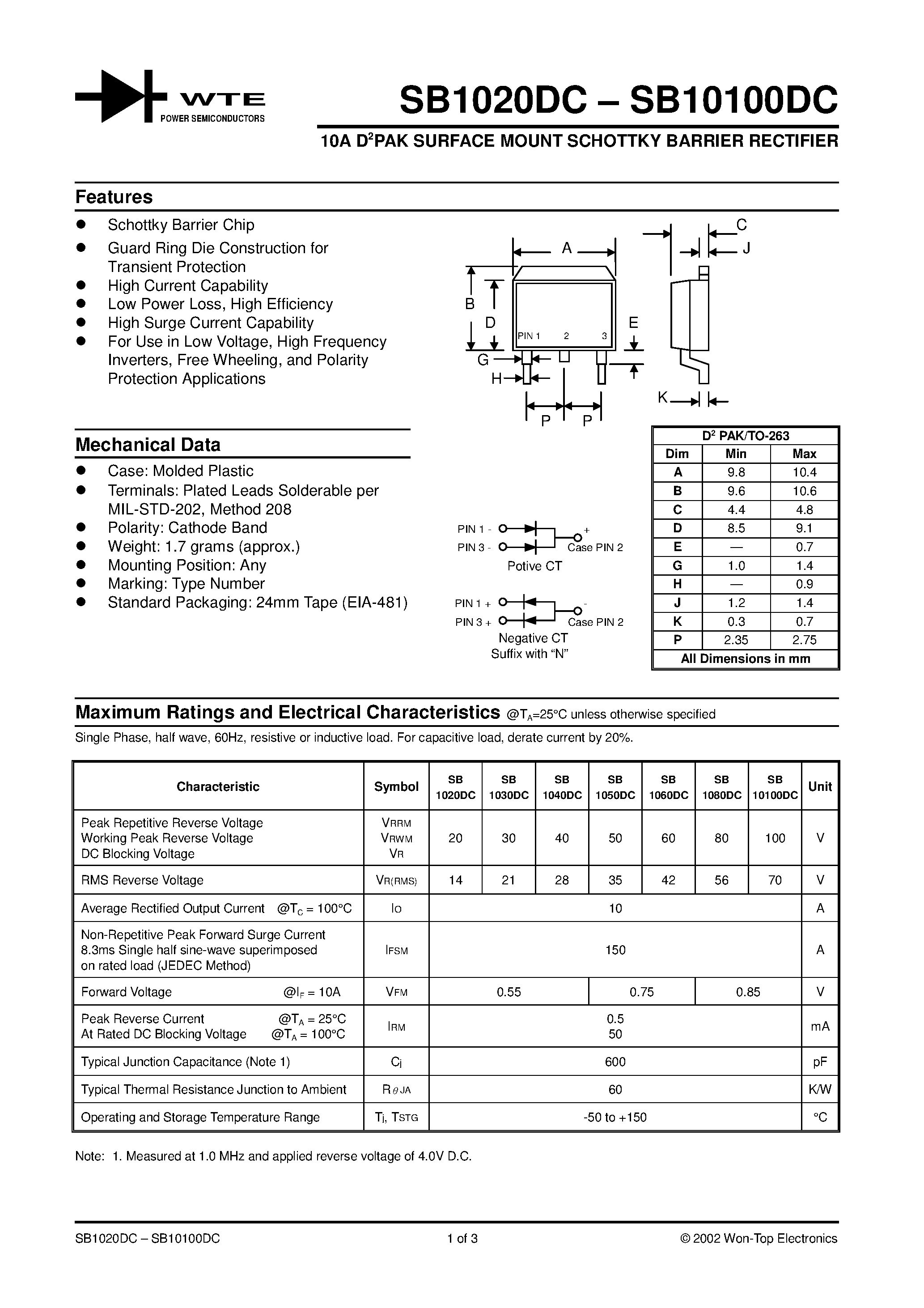 Datasheet SB10100DC-T3 - 10A D2PAK SURFACE MOUNT SCHOTTKY BARRIER RECTIFIER page 1