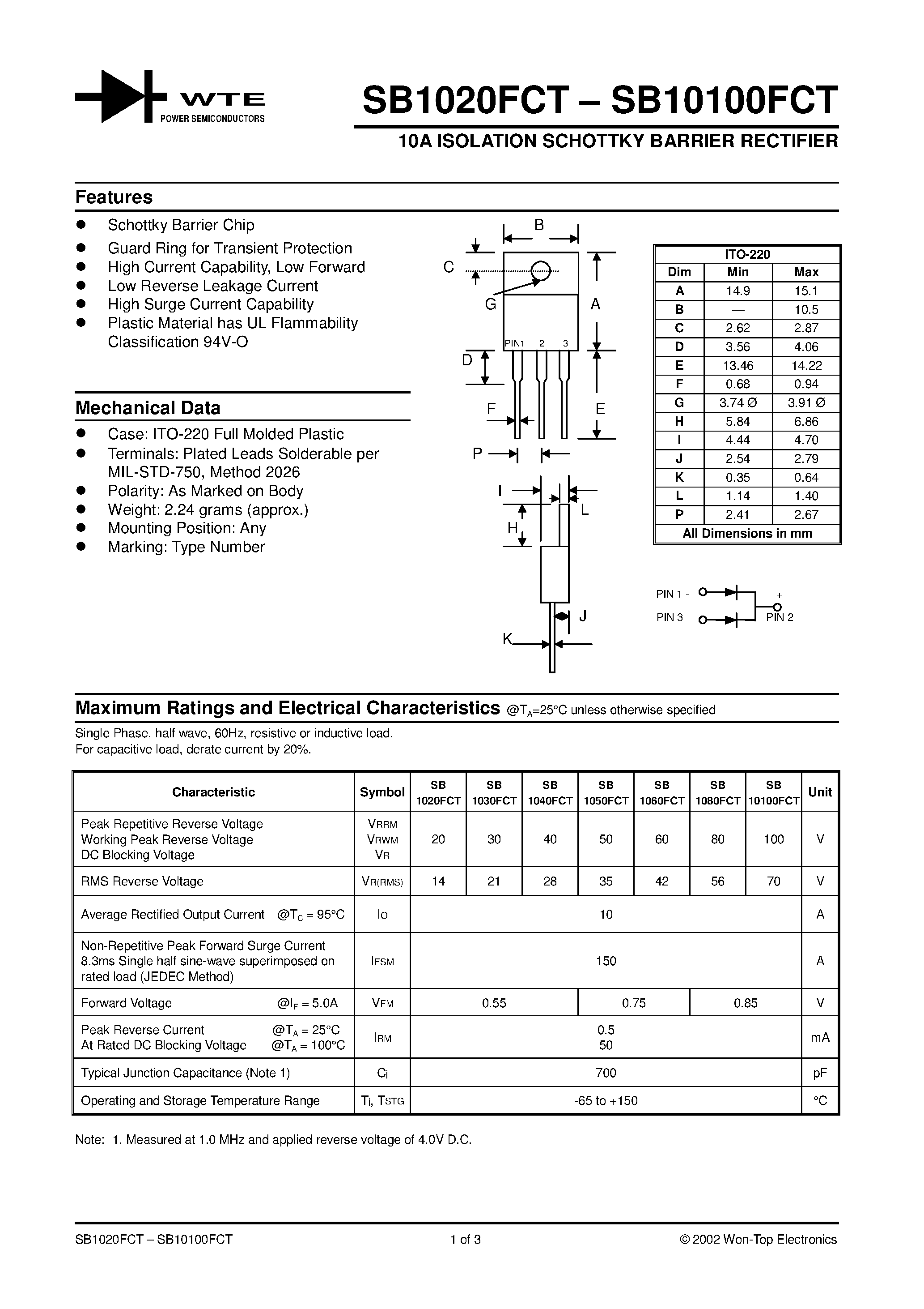 Datasheet SB10100FCT - 10A ISOLATION SCHOTTKY BARRIER RECTIFIER page 1