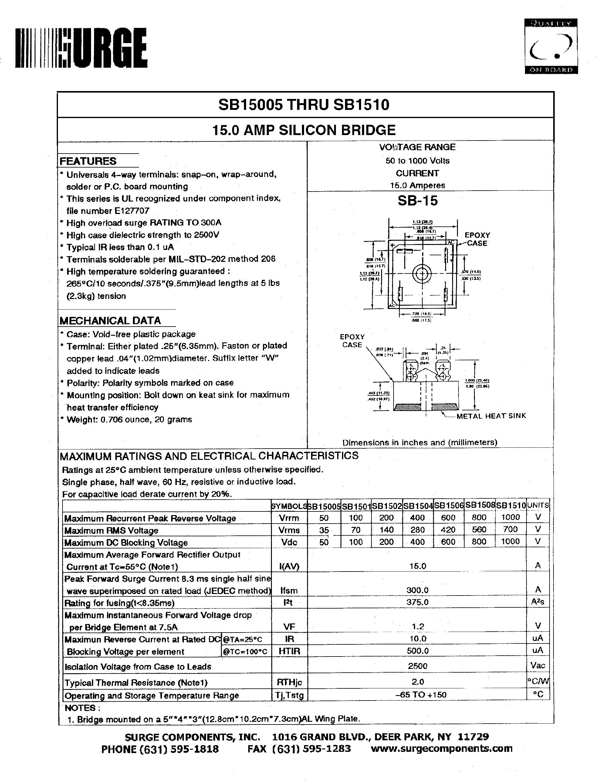 Даташит SB15005 - 15.0 AMP SILICON BRIDGE страница 1