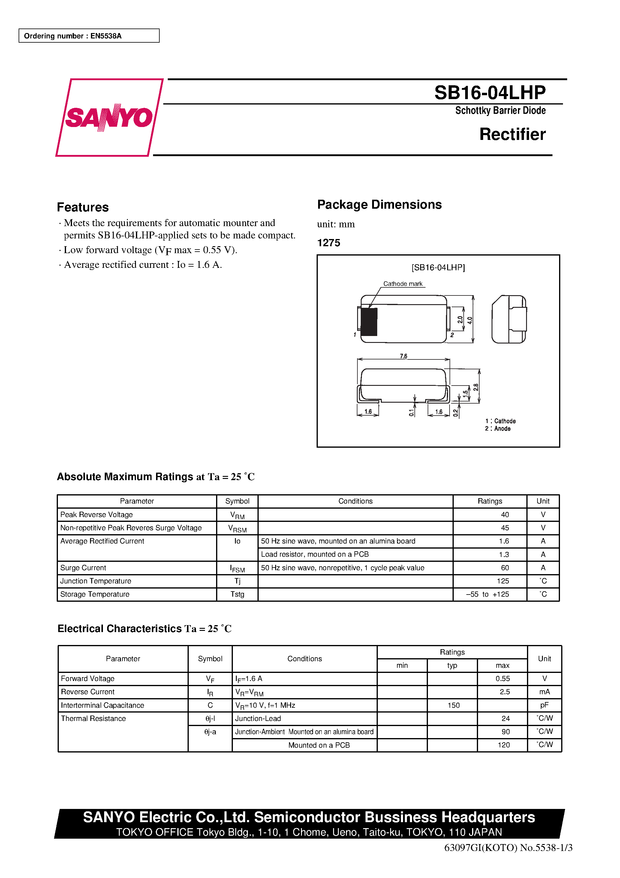 Даташит SB16-04LHP - Rectifier страница 1