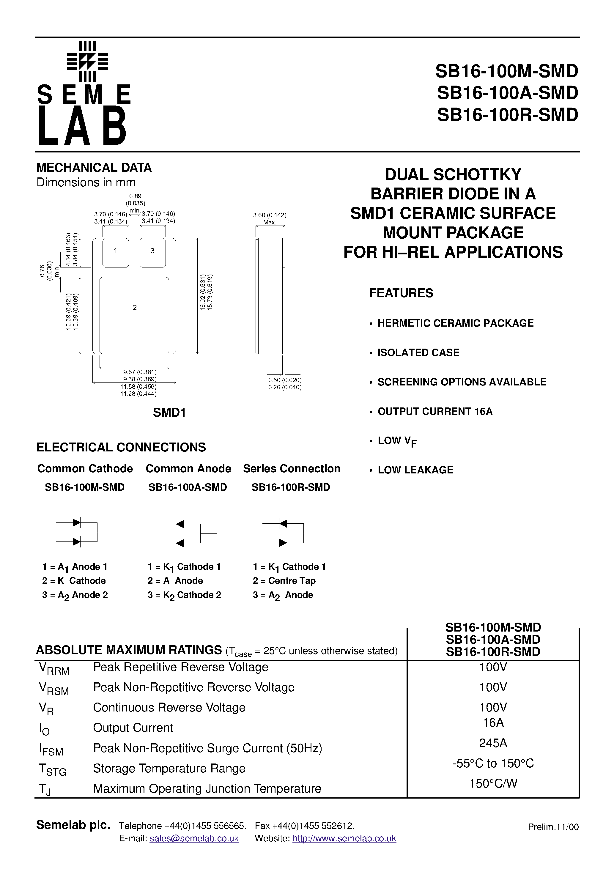 Даташит SB16-100A-SMD - DUAL SCHOTTKY BARRIER DIODE IN A SMD1 CERAMIC SURFACE MOUNT PACKAGE FOR HIREL APPLICATIONS страница 1