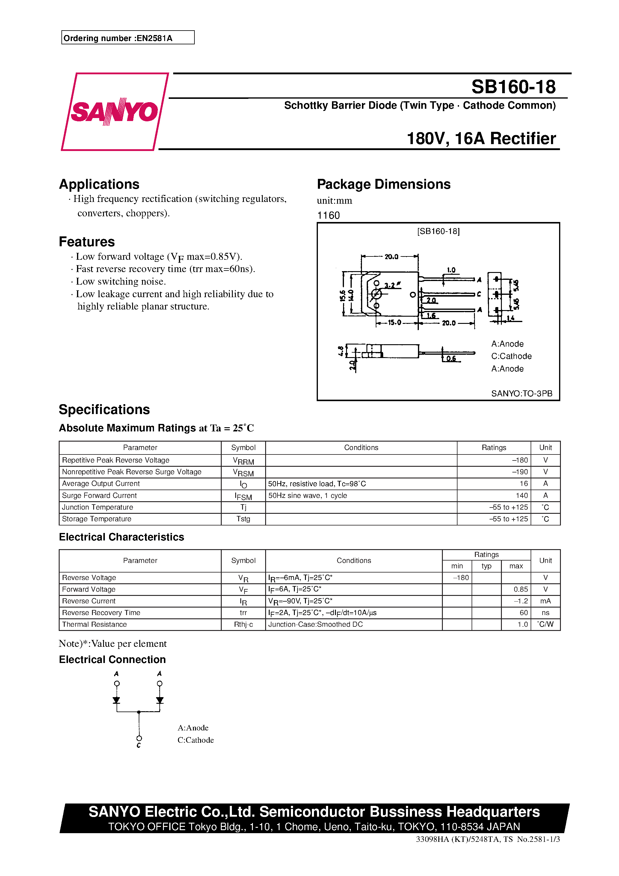 Даташит SB160-18 - 180V/ 16A Rectifier страница 1