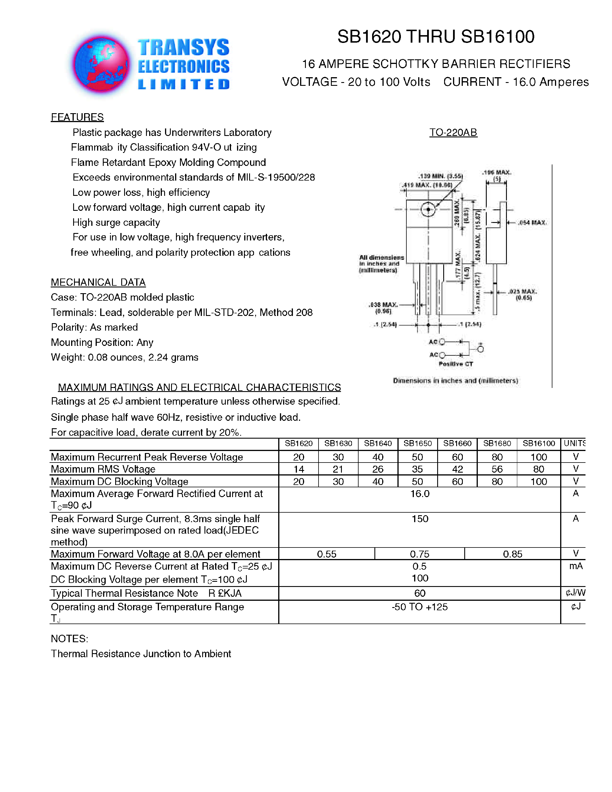 Даташит SB16100 - 16 AMPERE SCHOTTKY BARRIER RECTIFIERS страница 1