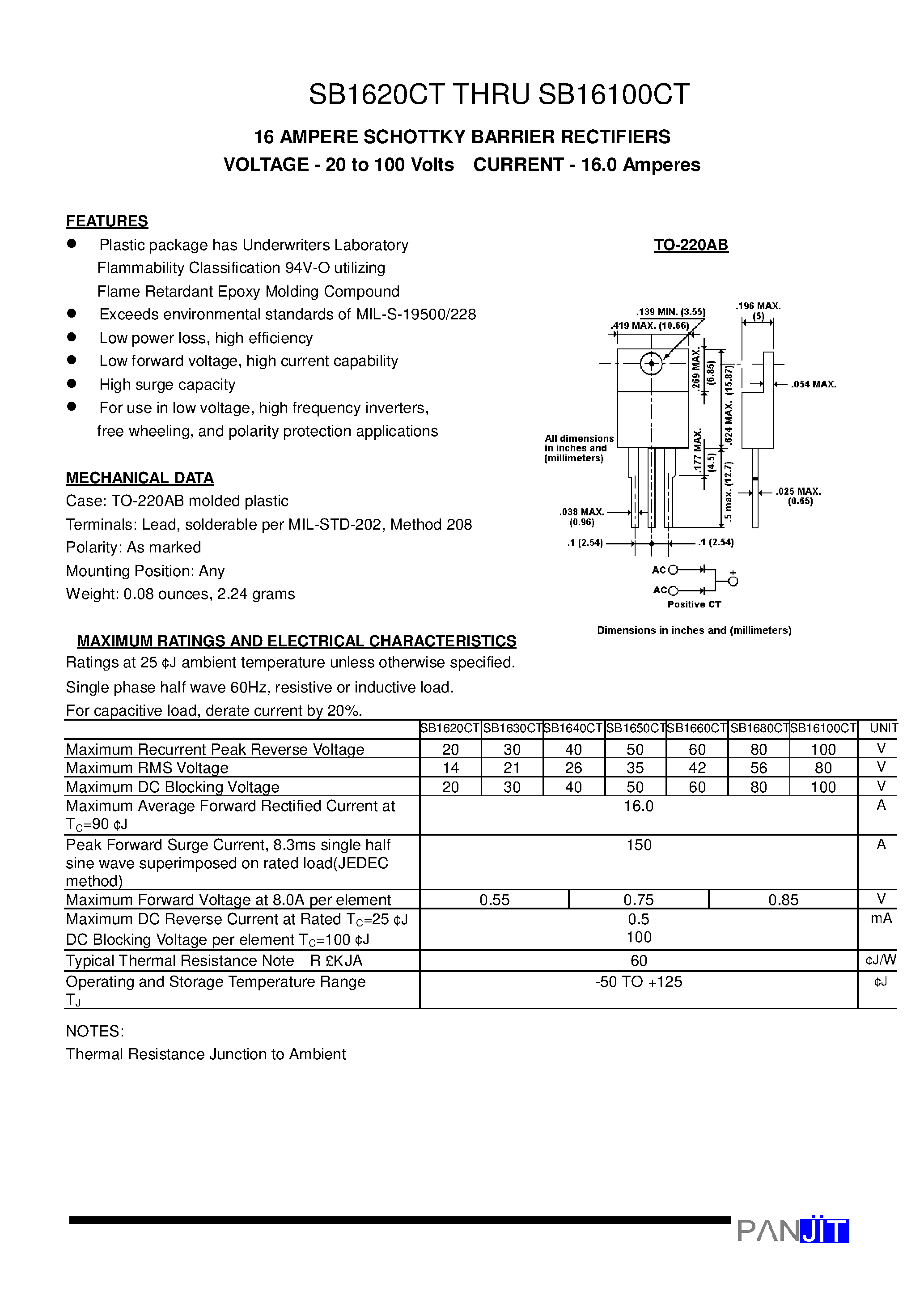 Даташит SB16100CT - 16 AMPERE SCHOTTKY BARRIER RECTIFIERS(VOLTAGE - 20 to 100 Volts CURRENT - 16.0 Amperes) страница 1