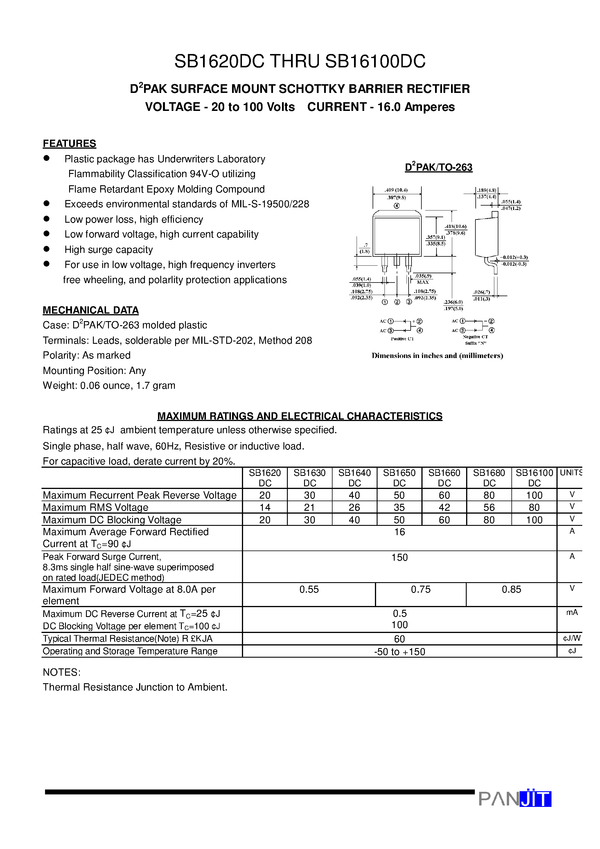 Даташит SB16100DC - D2PAK SURFACE MOUNT SCHOTTKY BARRIER RECTIFIER(VOLTAGE - 20 to 100 Volts CURRENT - 16.0 Amperes) страница 1