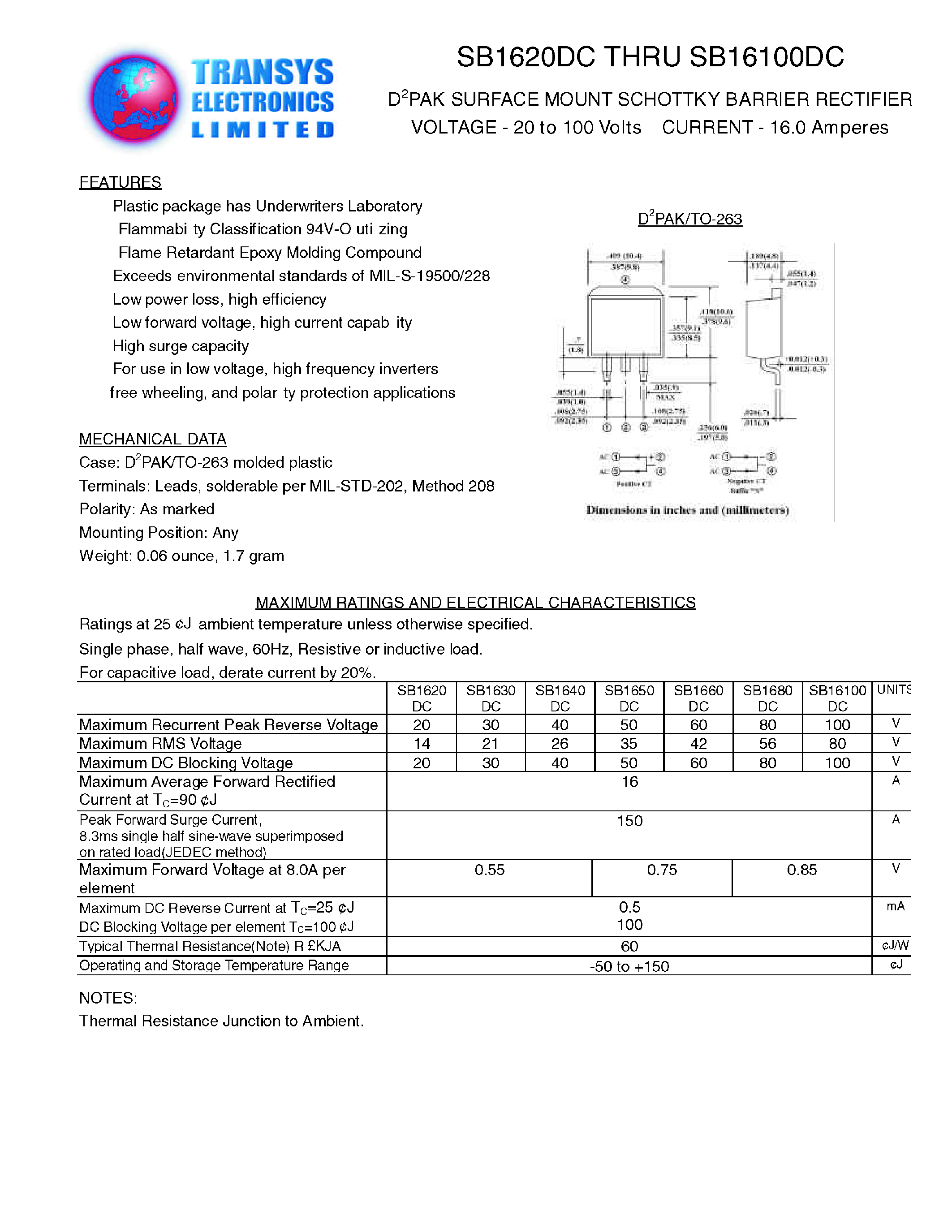 Даташит SB16100DC - D2PAK SURFACE MOUNT SCHOTTKY BARRIER RECTIFIER страница 1