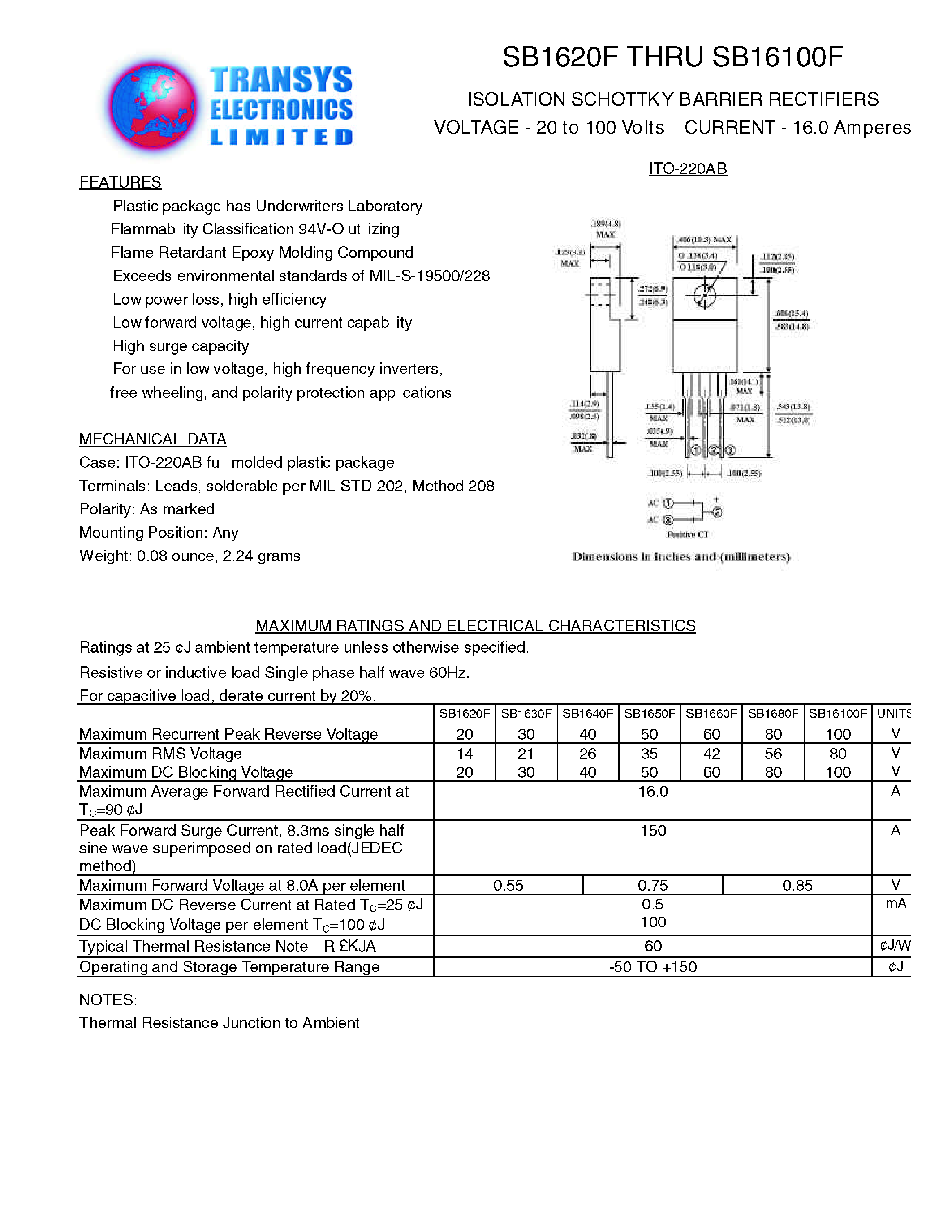 Даташит SB16100F - ISOLATION SCHOTTKY BARRIER RECTIFIERS страница 1