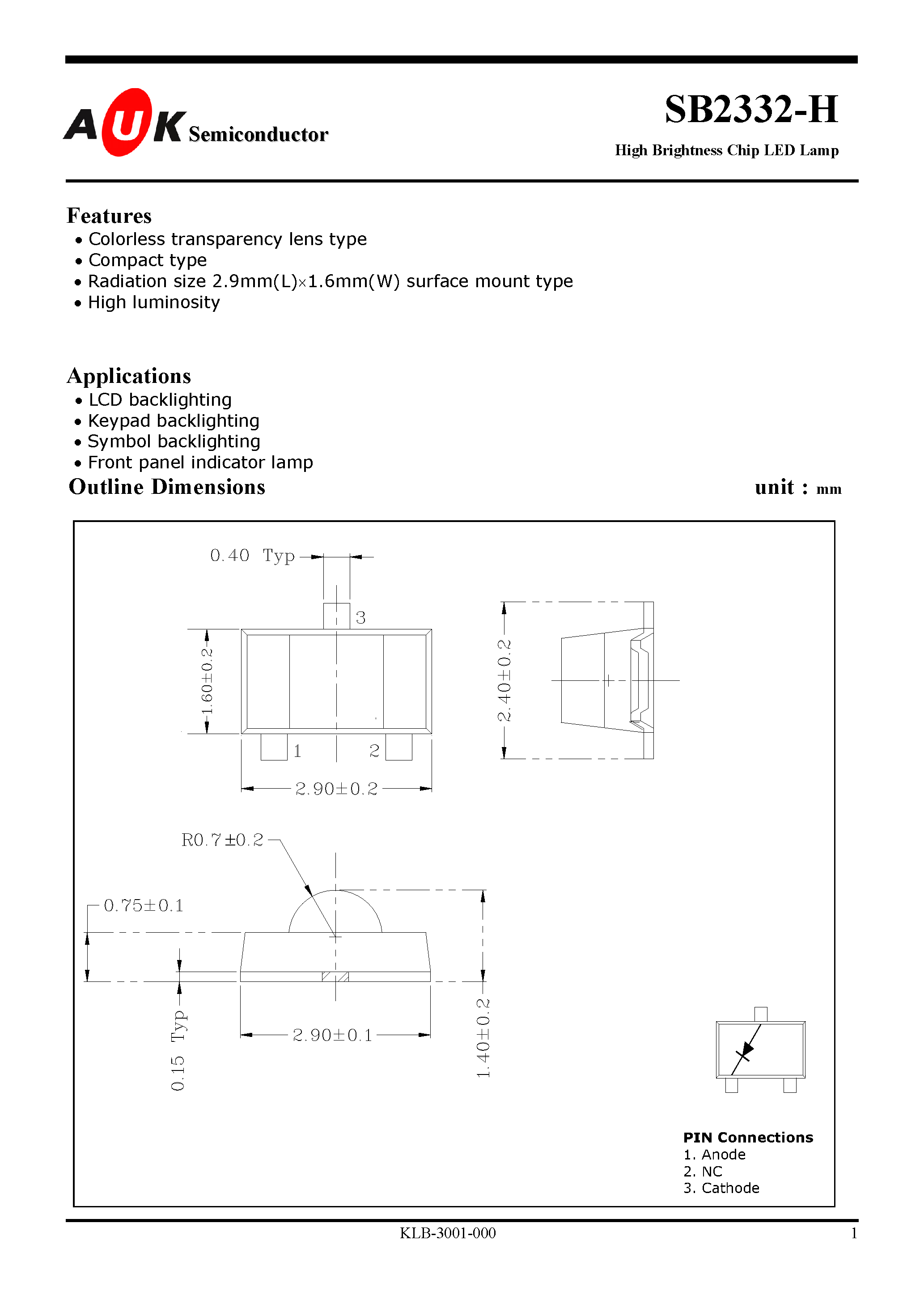 Даташит SB2332-H - High Brightness Chip LED Lamp страница 1