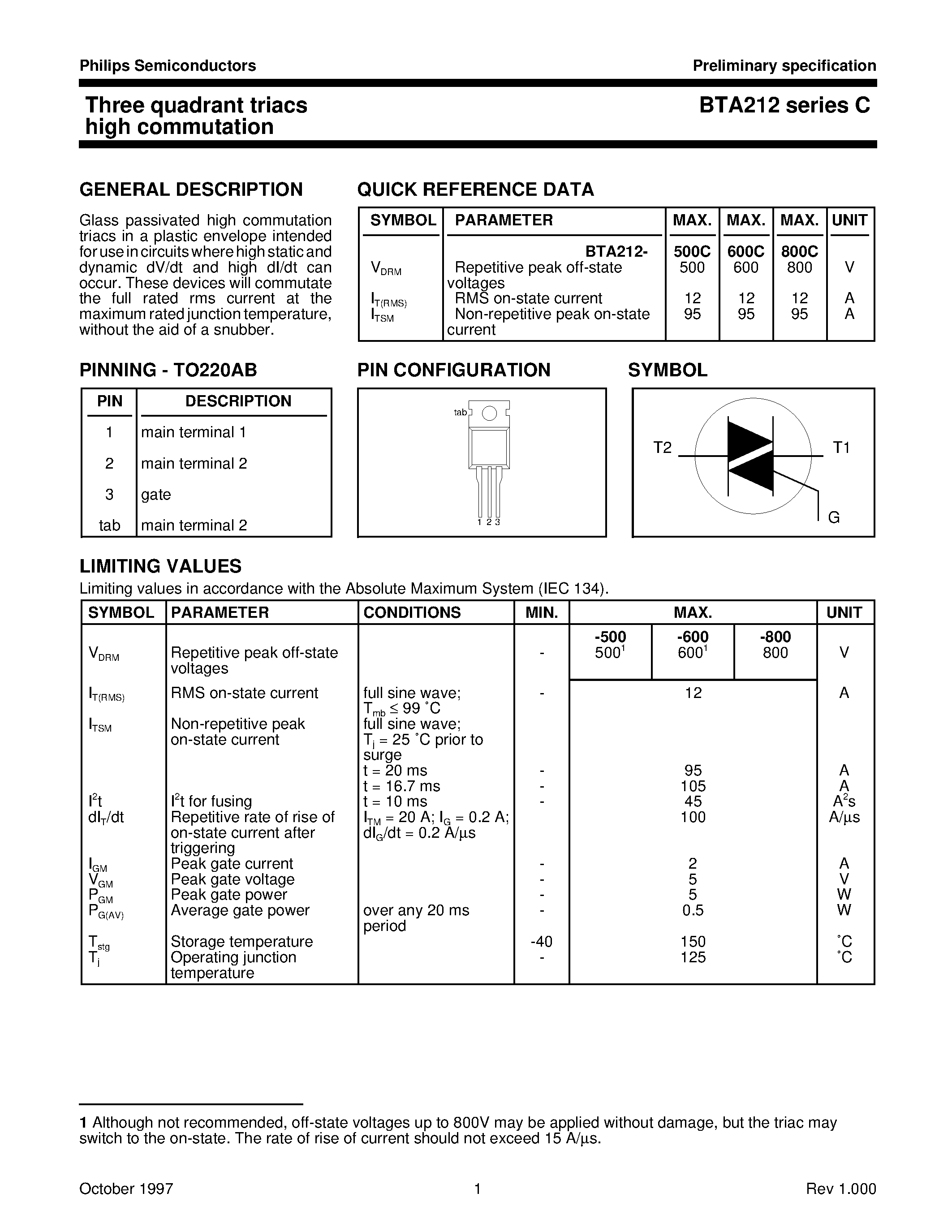 Datasheet BTA212 - Three Quadrant Triacs High Commutation page 1