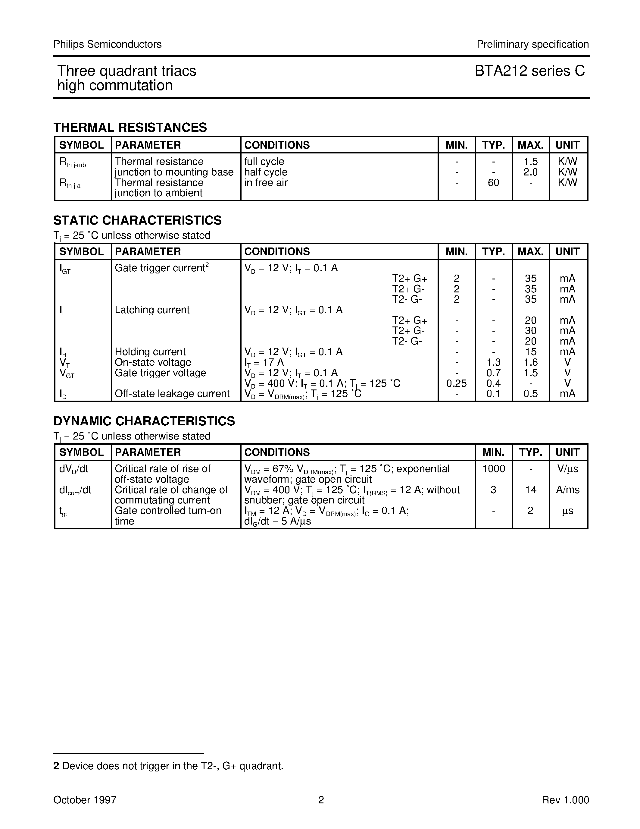 Datasheet BTA212 - Three Quadrant Triacs High Commutation page 2