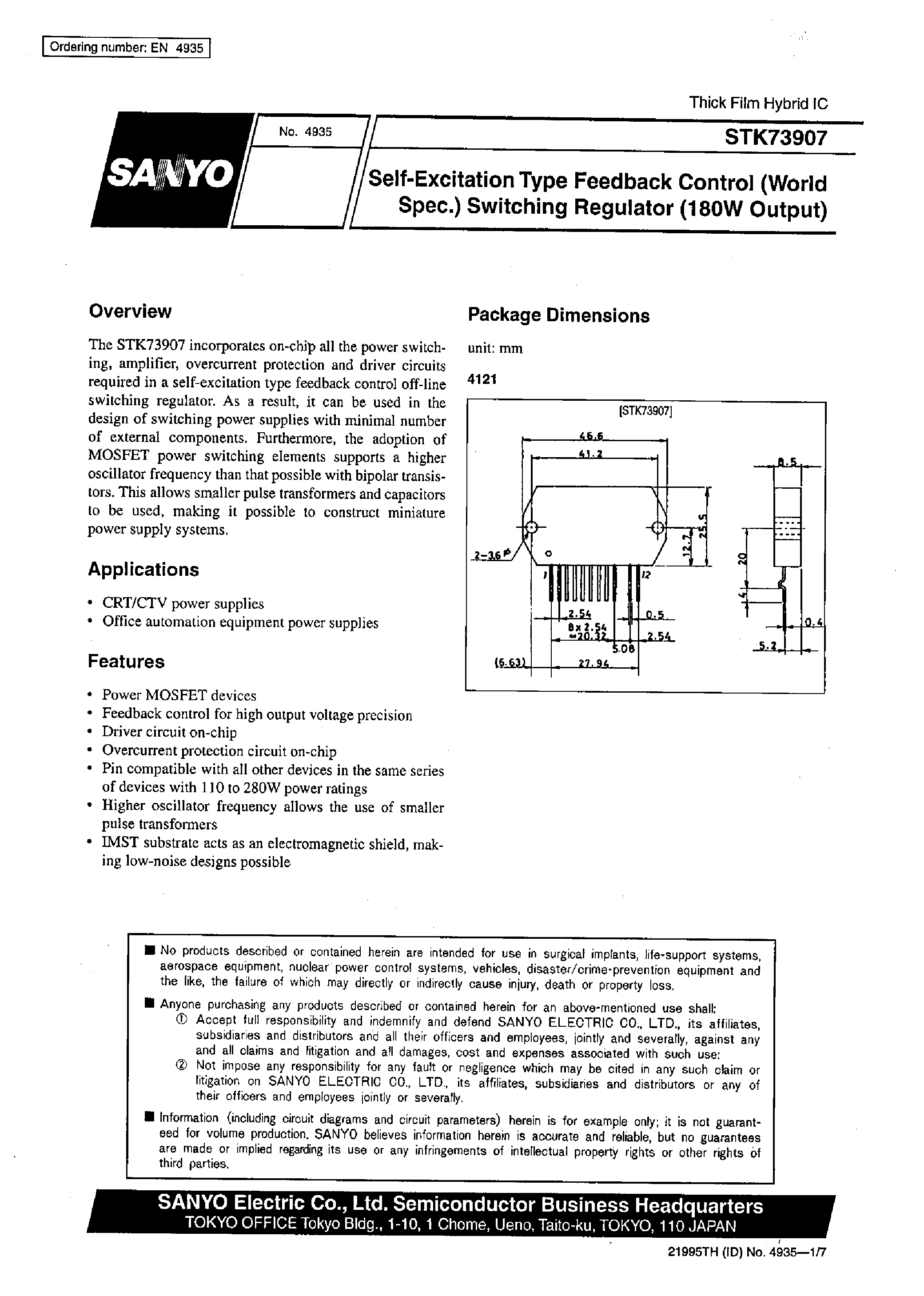 Datasheet STK73907 - Self-Excitation Type Feedback Control Switching Regulator page 1