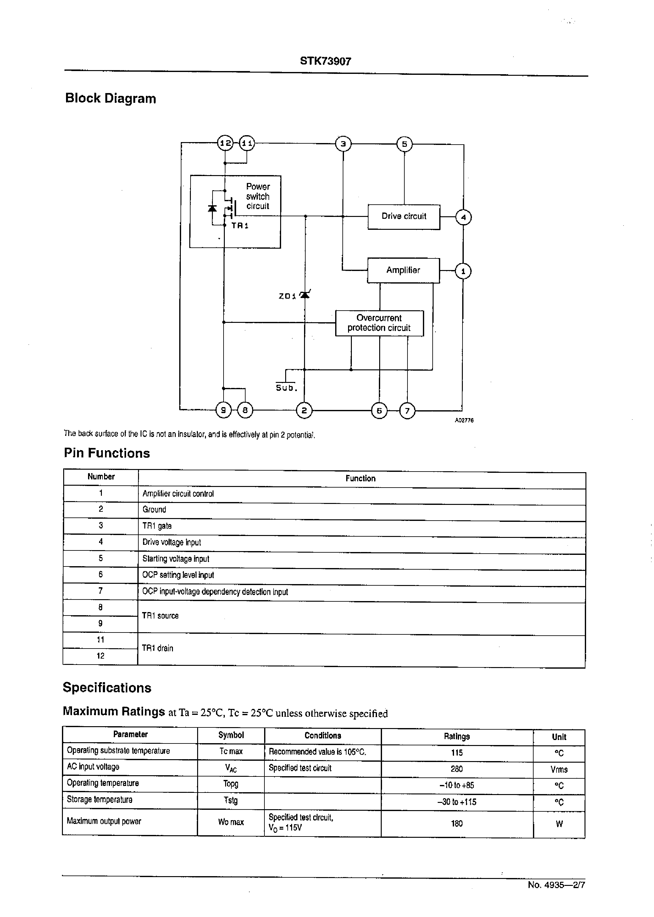 Datasheet STK73907 - Self-Excitation Type Feedback Control Switching Regulator page 2