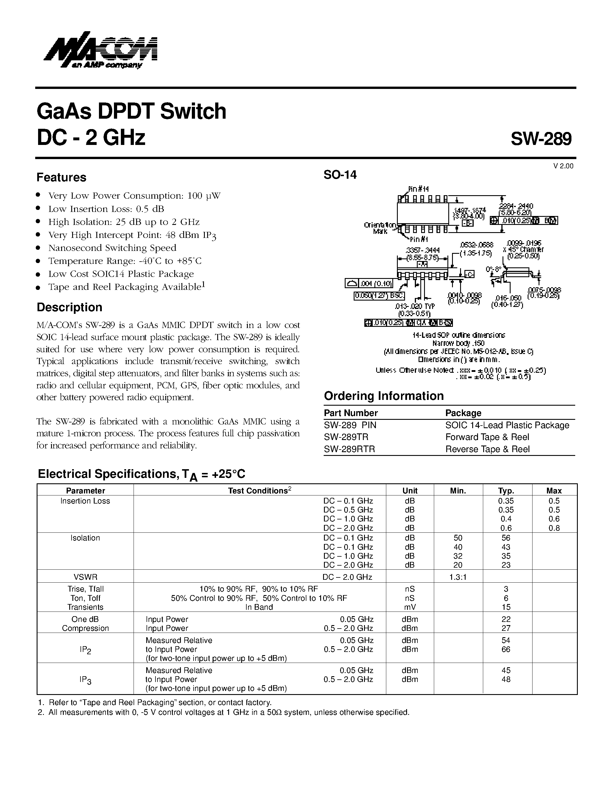 Даташит SW-289 - GaAs DPDT Switch DC - 2 GHz страница 1